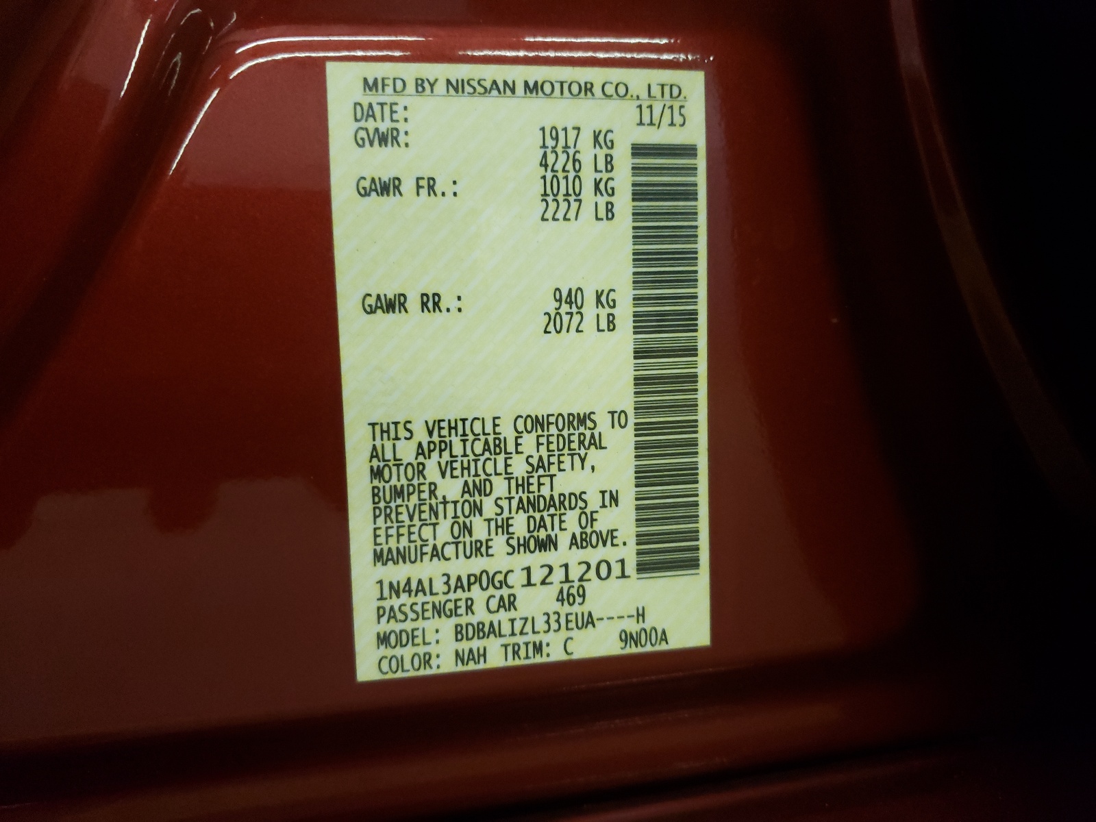 Photo 10 from auction – 2016 NISSAN ALTIMA 2.5 with VIN 1N4AL3AP0GC121201