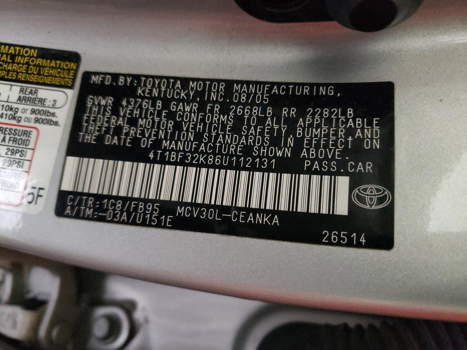 Photo 10 from auction – 2006 TOYOTA CAMRY LE with VIN 4T1BF32K86U112131