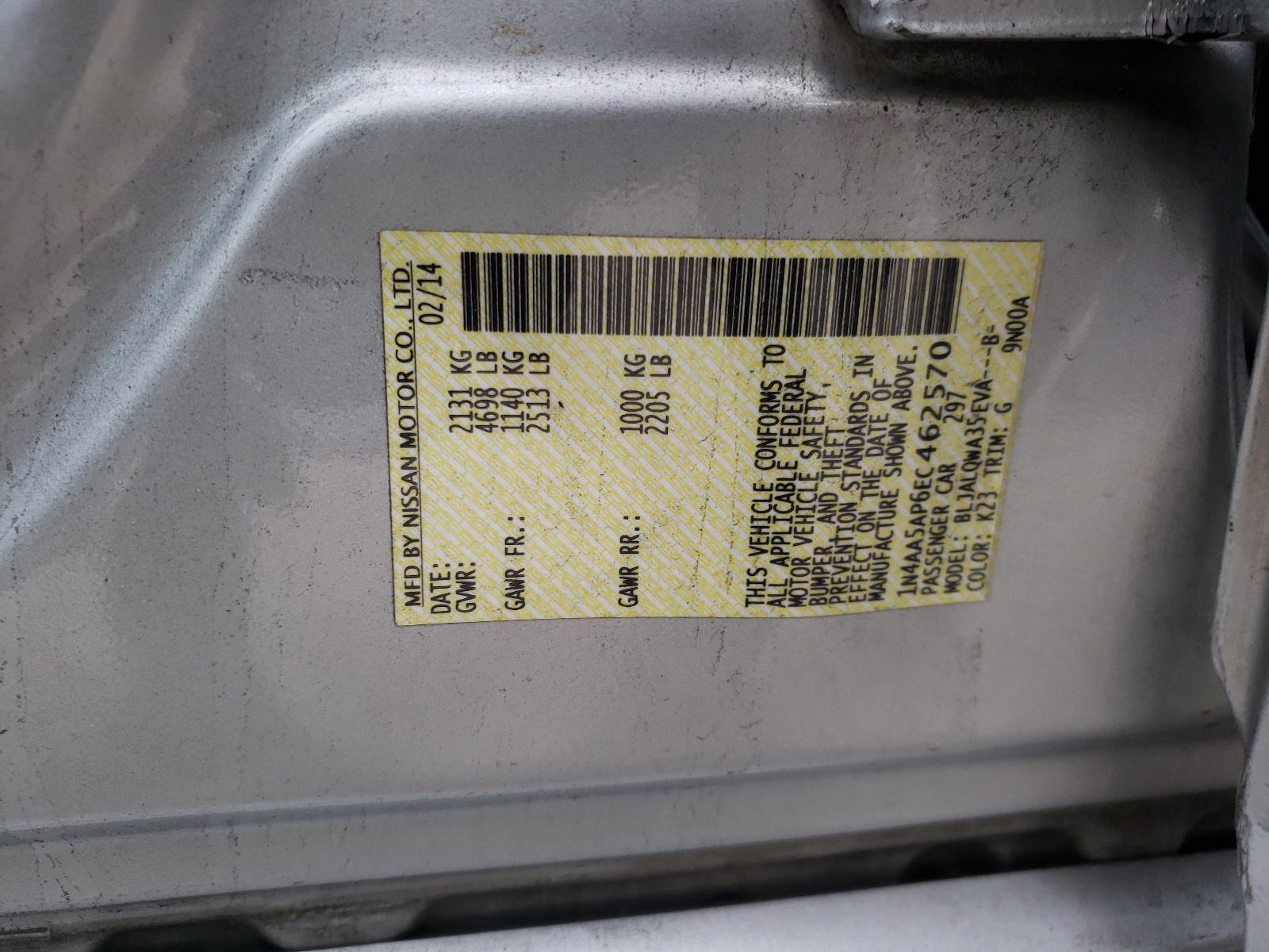 Photo 10 from auction – 2014 NISSAN MAXIMA S with VIN 1N4AA5AP6EC462570