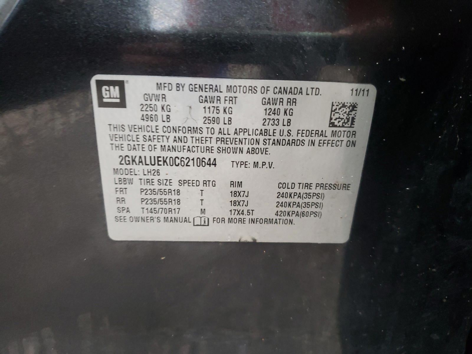 Photo 10 from auction – 2012 GMC TERRAIN SL with VIN 2GKALUEK0C6210644