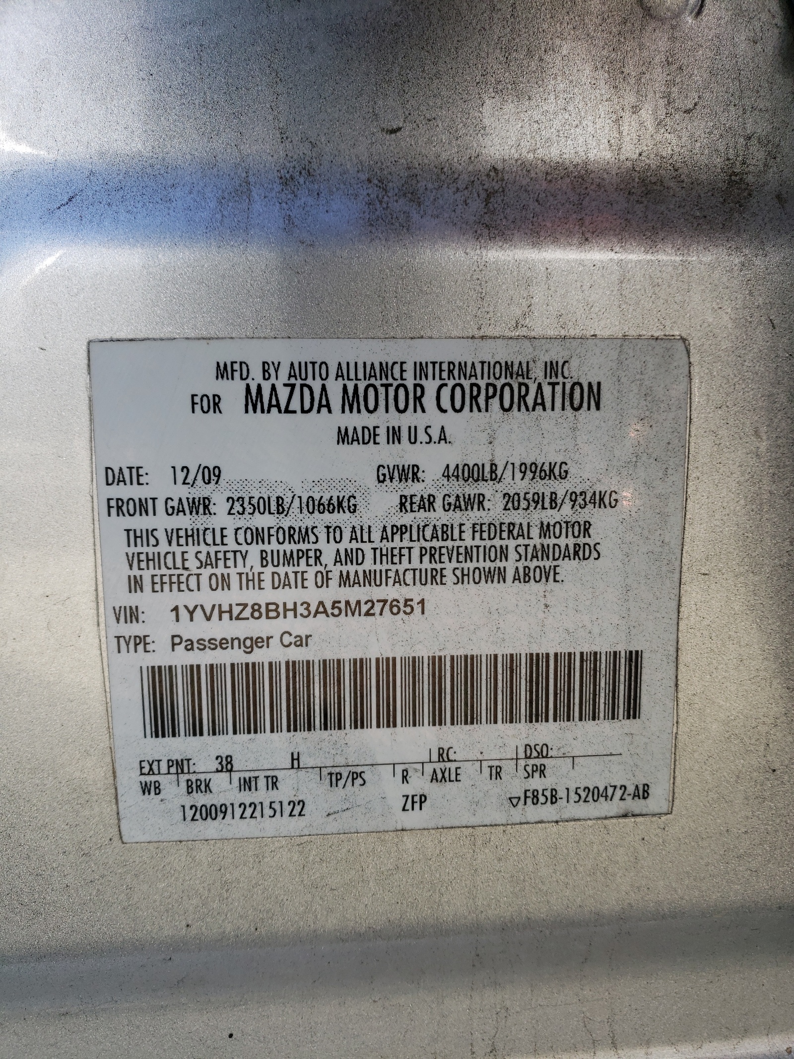 Photo 10 from auction – 2010 MAZDA 6 I with VIN 1YVHZ8BH3A5M27651