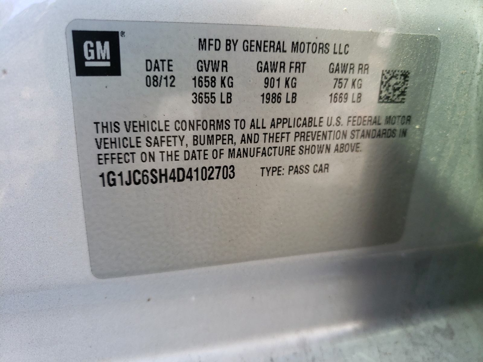 Photo 10 from auction – 2013 CHEVROLET SONIC LT with VIN 1G1JC6SH4D4102703