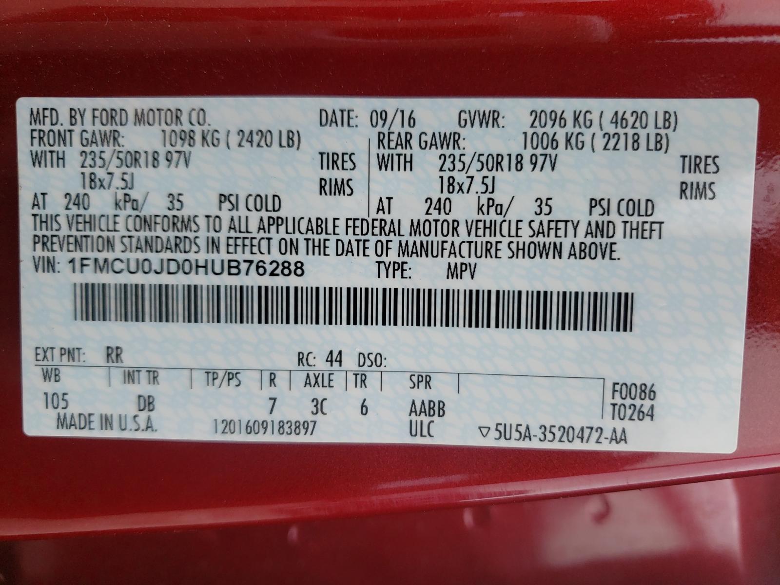 Photo 10 from auction – 2017 FORD ESCAPE TIT with VIN 1FMCU0JD0HUB76288