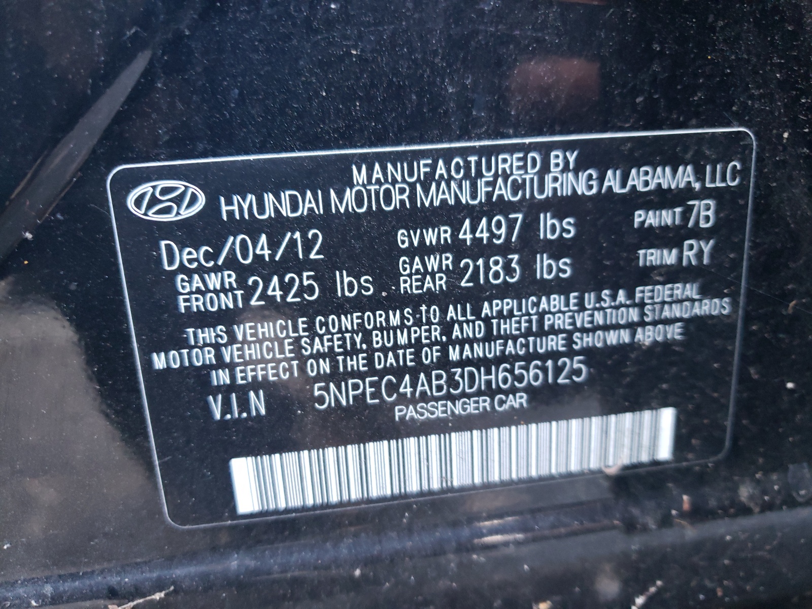 Photo 10 from auction – 2013 HYUNDAI SONATA SE with VIN 5NPEC4AB3DH656125