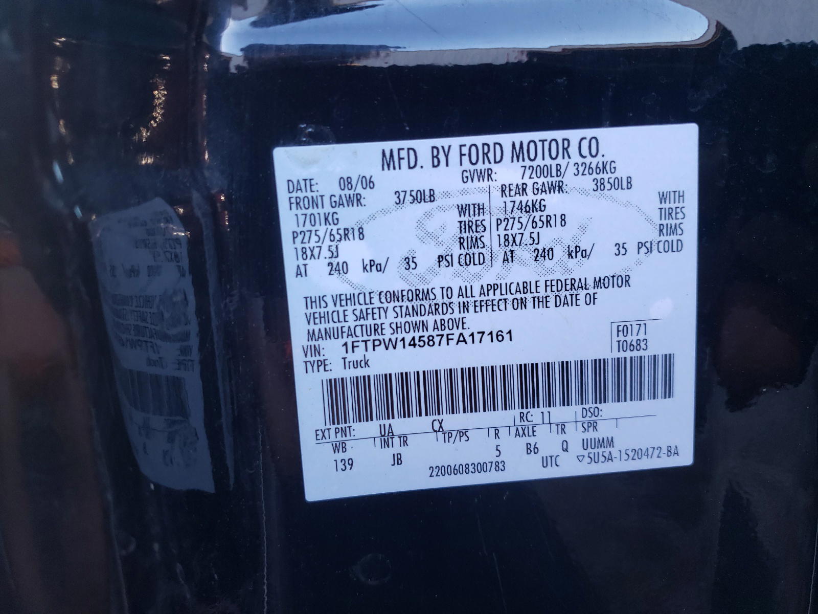 Photo 10 from auction – 2007 FORD F150 SUPER with VIN 1FTPW14587FA17161