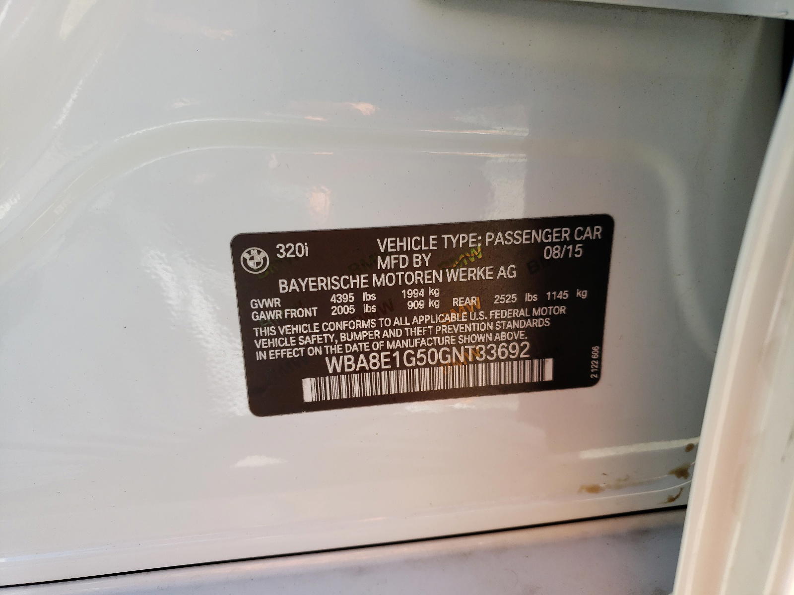 Photo 10 from auction – 2016 BMW 320 I with VIN WBA8E1G50GNT33692