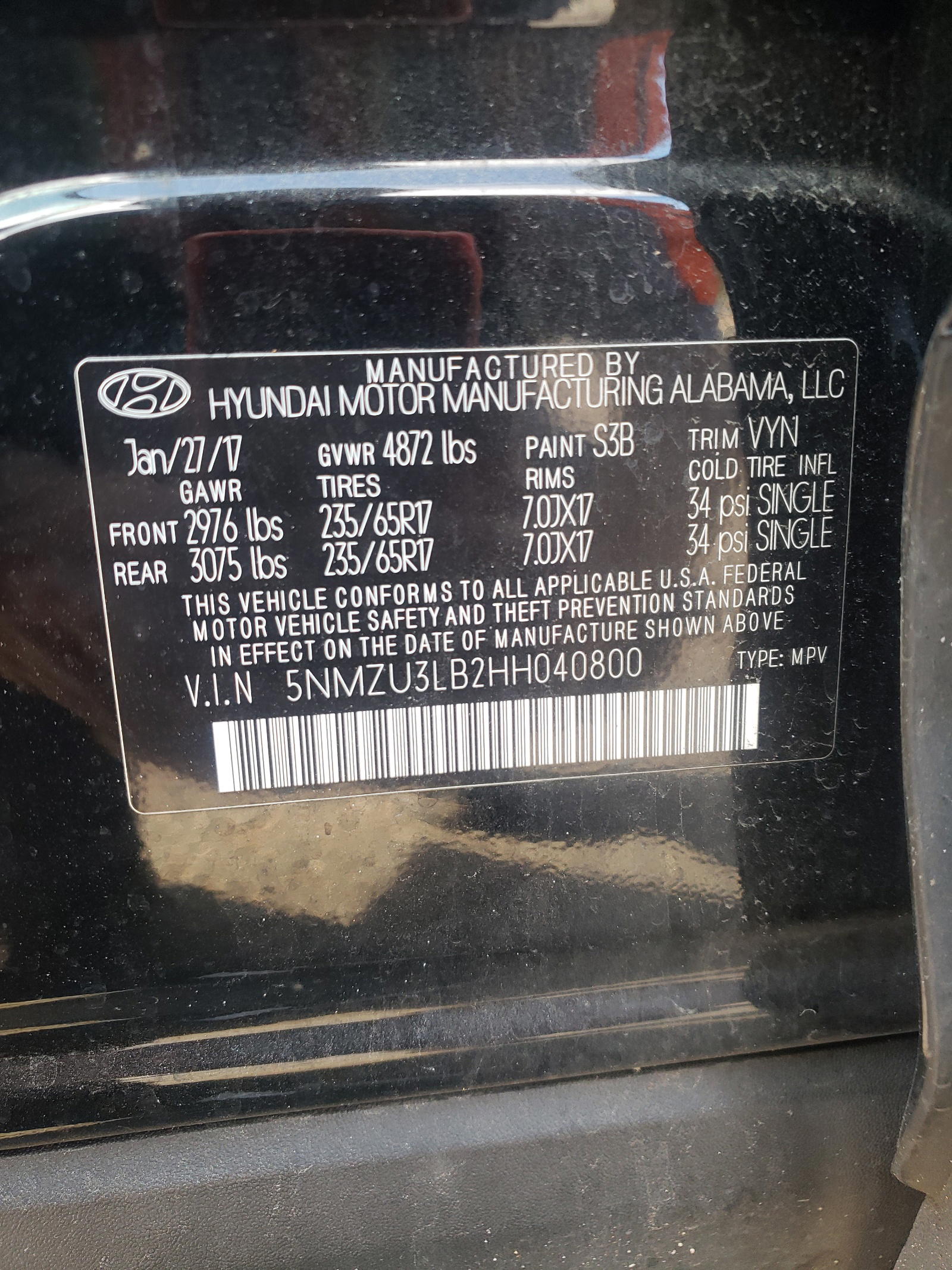 Photo 10 from auction – 2017 HYUNDAI SANTA FE S with VIN 5NMZU3LB2HH040800