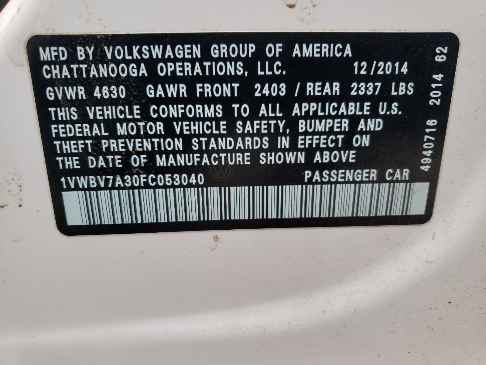 Photo 10 from auction – 2015 VOLKSWAGEN PASSAT SE with VIN 1VWBV7A30FC053040