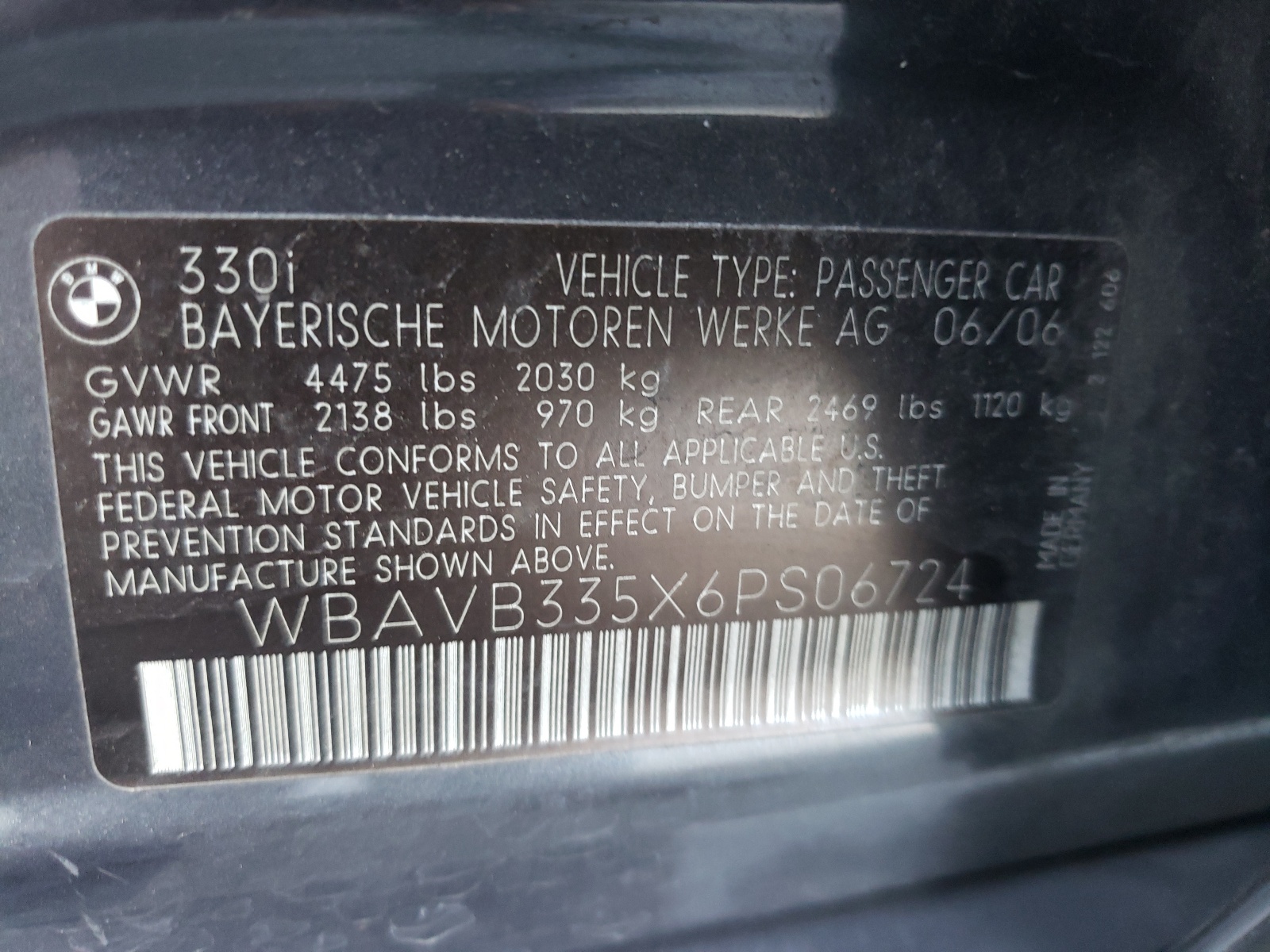 Photo 10 from auction – 2006 BMW 330 I with VIN WBAVB335X6PS06724