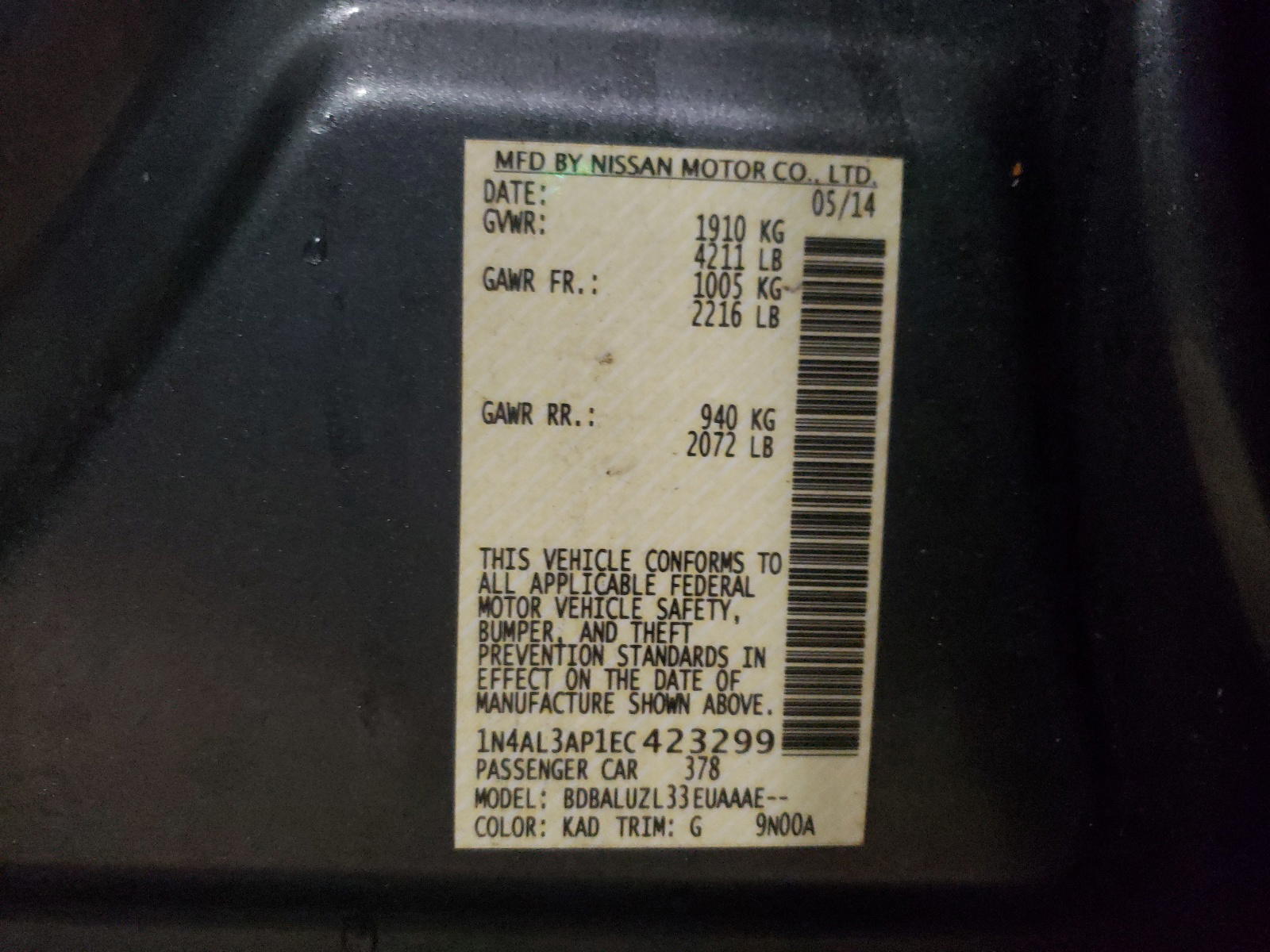 Photo 10 from auction – 2014 NISSAN ALTIMA 2.5 with VIN 1N4AL3AP1EC423299