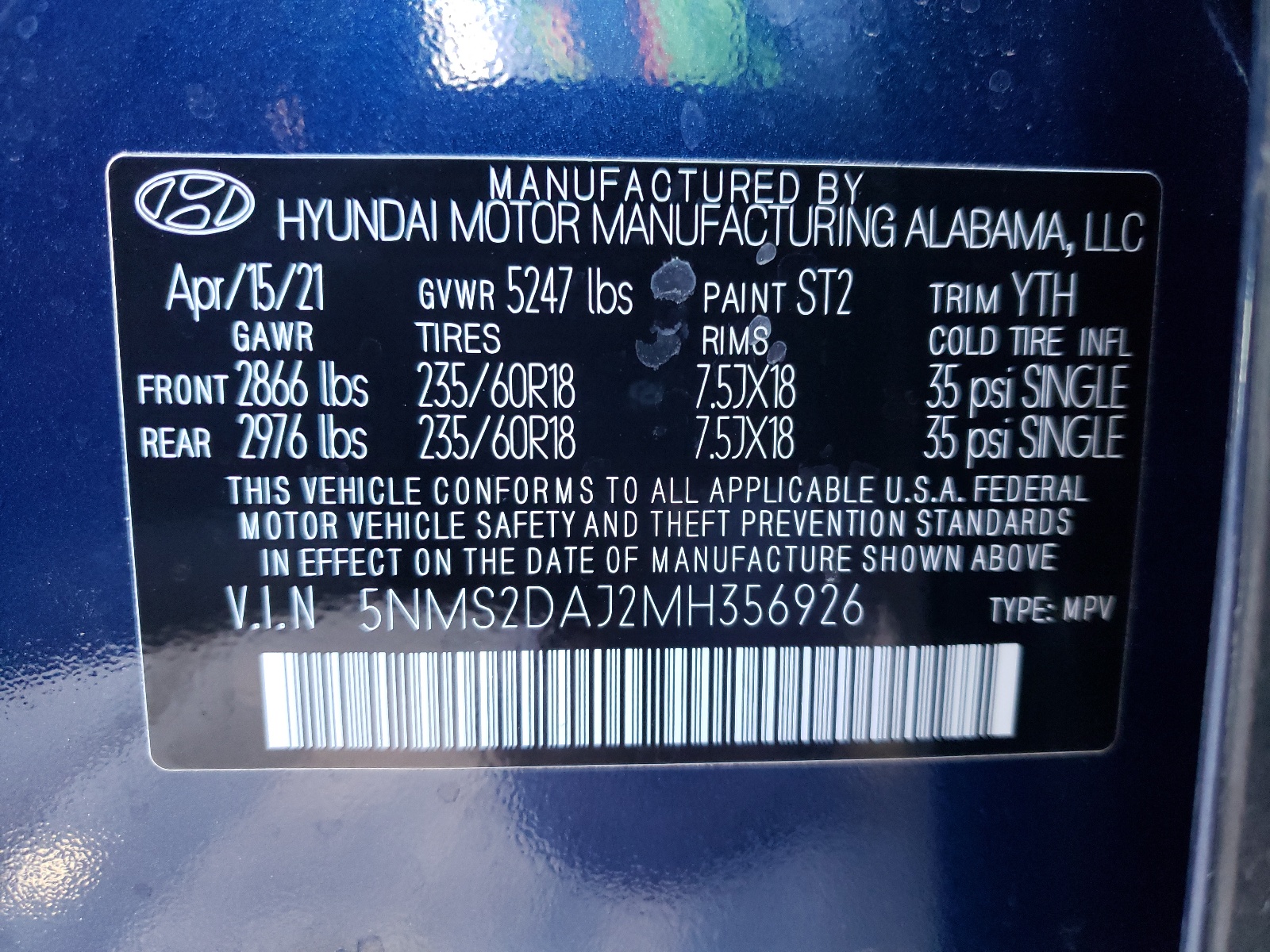 Photo 10 from auction – 2021 HYUNDAI SANTA FE S with VIN 5NMS2DAJ2MH356926