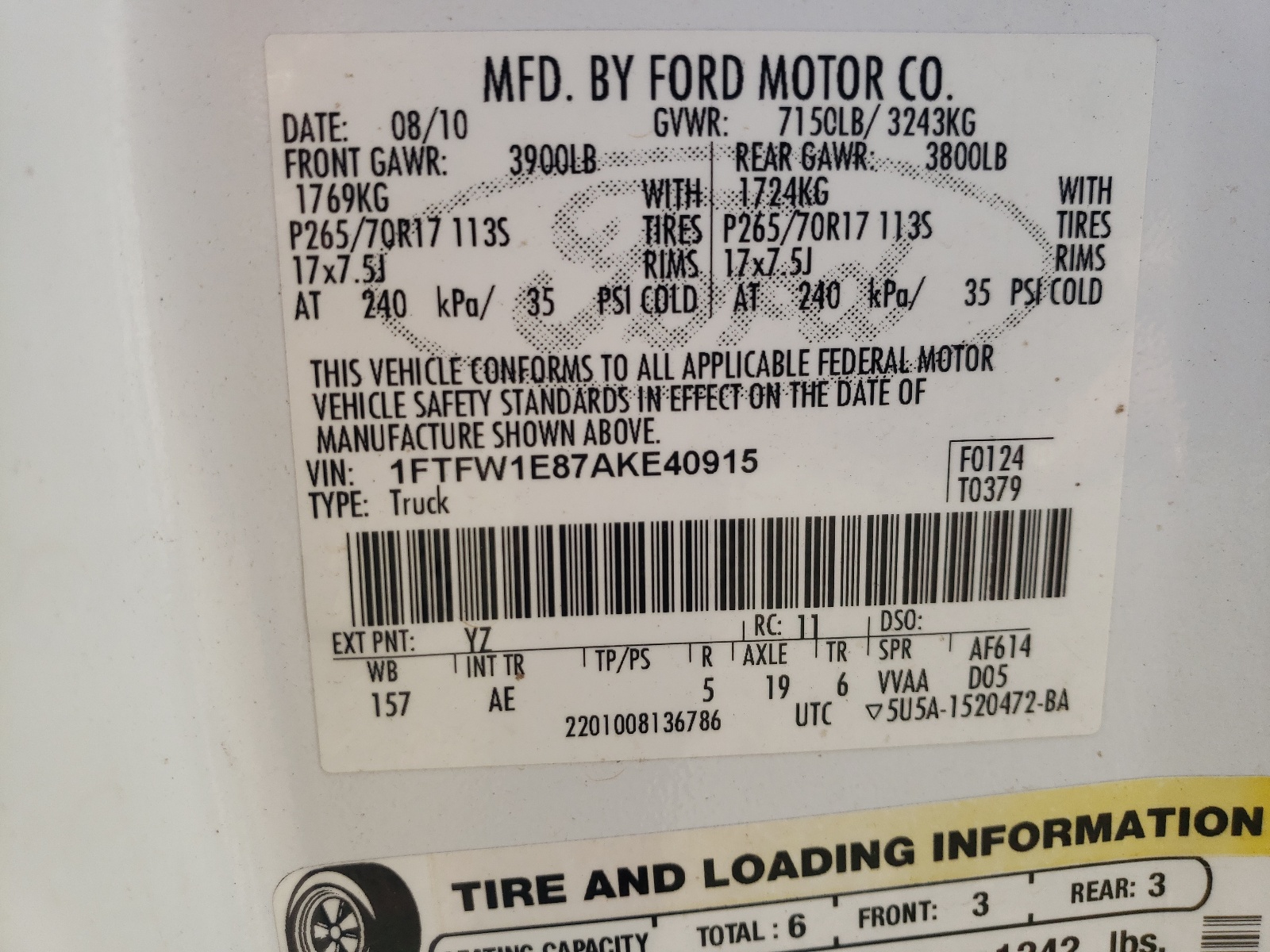 Photo 10 from auction – 2010 FORD F150 SUPER with VIN 1FTFW1E87AKE40915