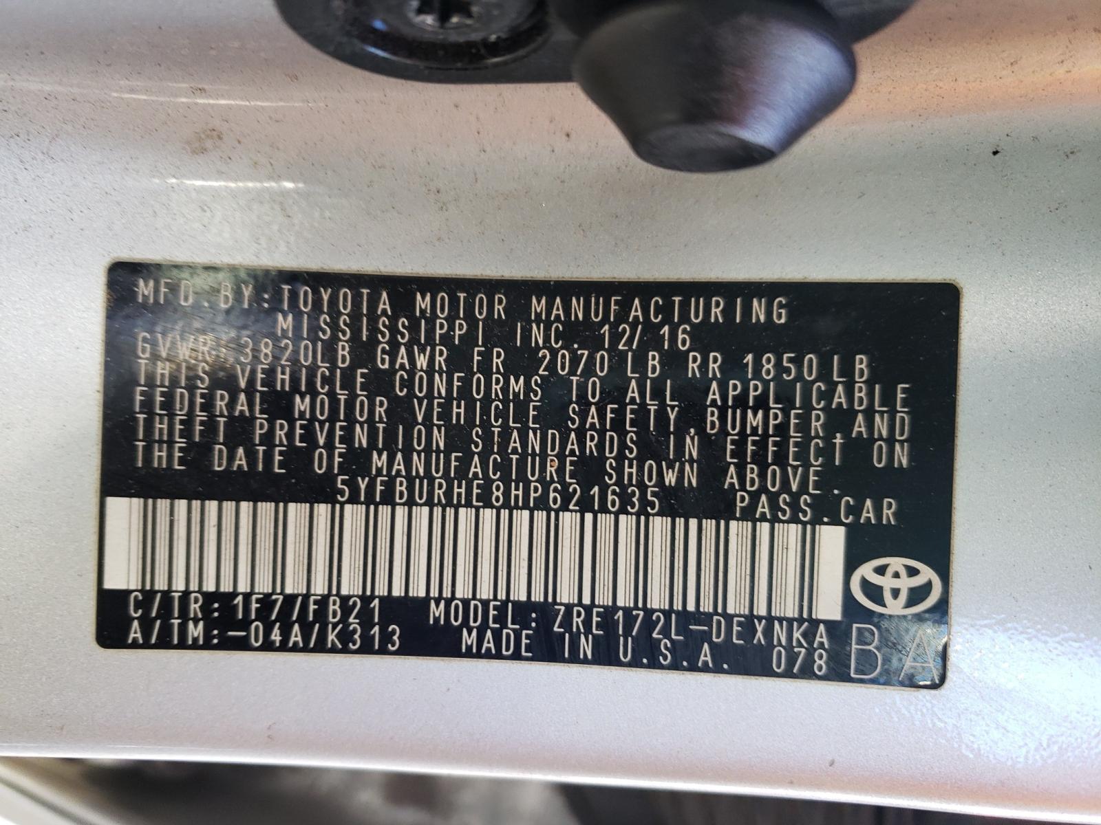 Photo 10 from auction – 2017 TOYOTA COROLLA L with VIN 5YFBURHE8HP621635