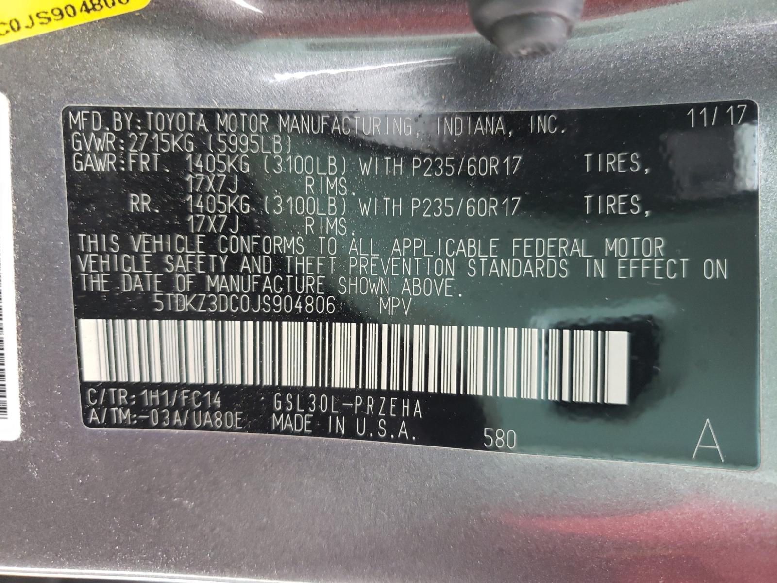 Photo 10 from auction – 2018 TOYOTA SIENNA XLE with VIN 5TDKZ3DC0JS904806