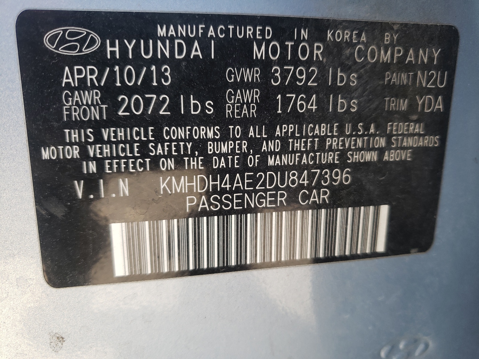 Photo 10 from auction – 2013 HYUNDAI ELANTRA GL with VIN KMHDH4AE2DU847396