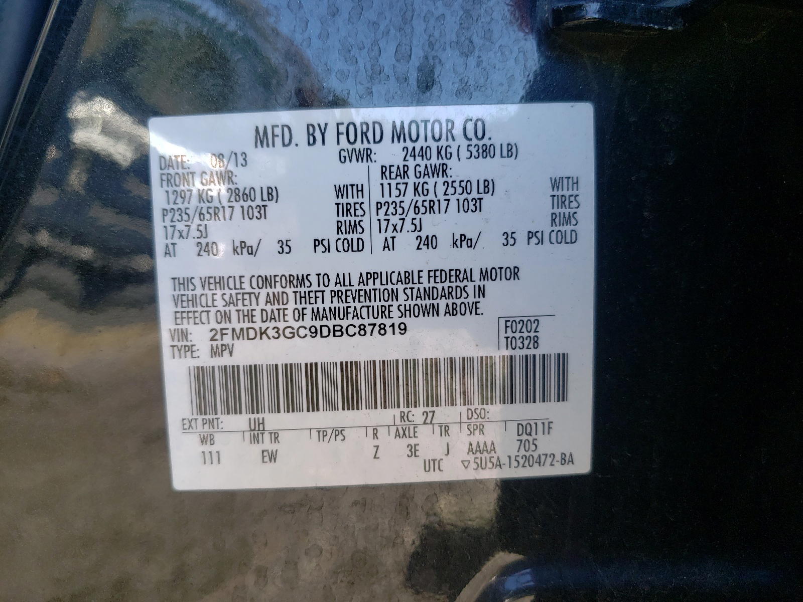 Photo 10 from auction – 2013 FORD EDGE SE with VIN 2FMDK3GC9DBC87819