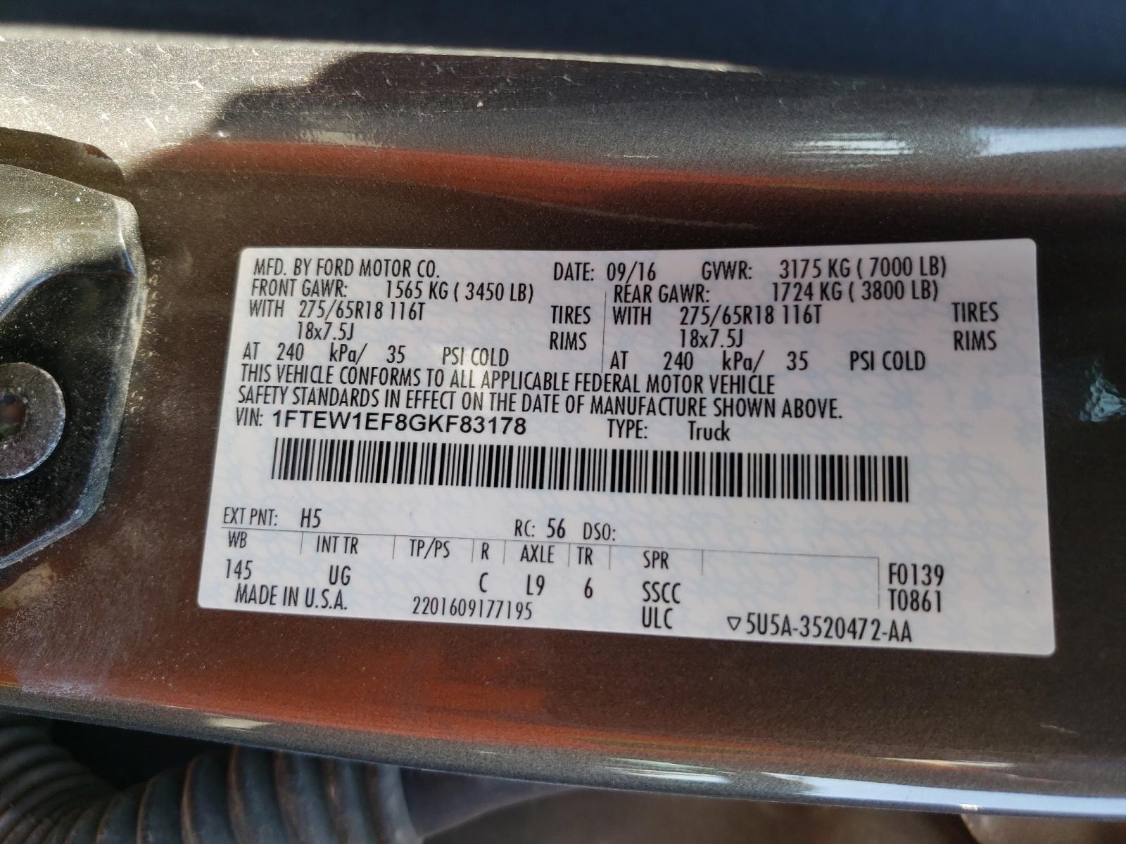 Photo 10 from auction – 2016 FORD F150 SUPER with VIN 1FTEW1EF8GKF83178