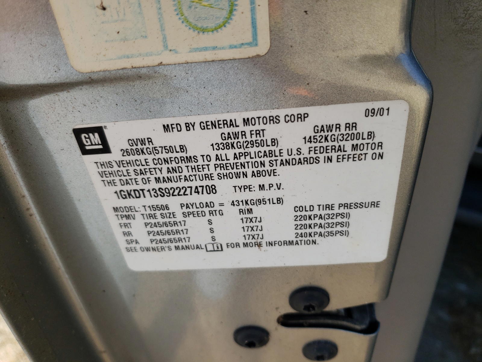 Photo 10 from auction – 2002 GMC ENVOY with VIN 1GKDT13S922274708
