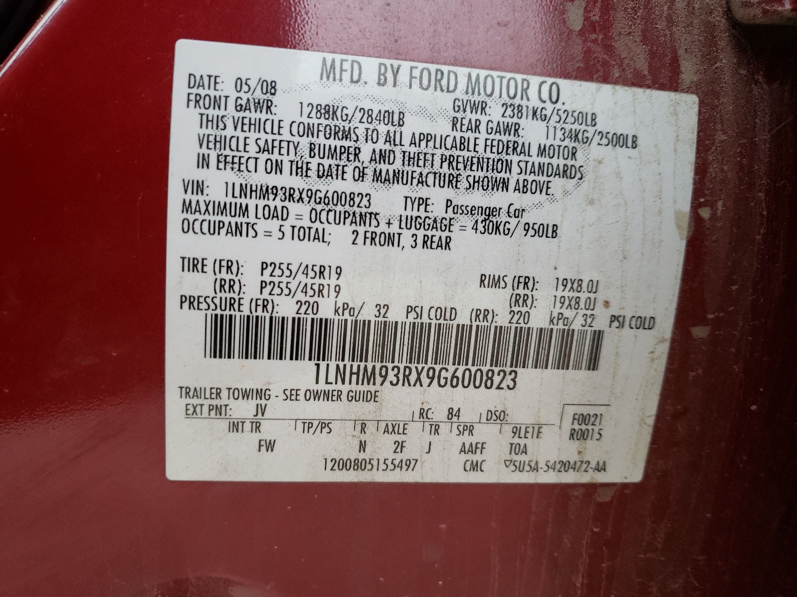 Photo 10 from auction – 2009 LINCOLN MKS with VIN 1LNHM93RX9G600823