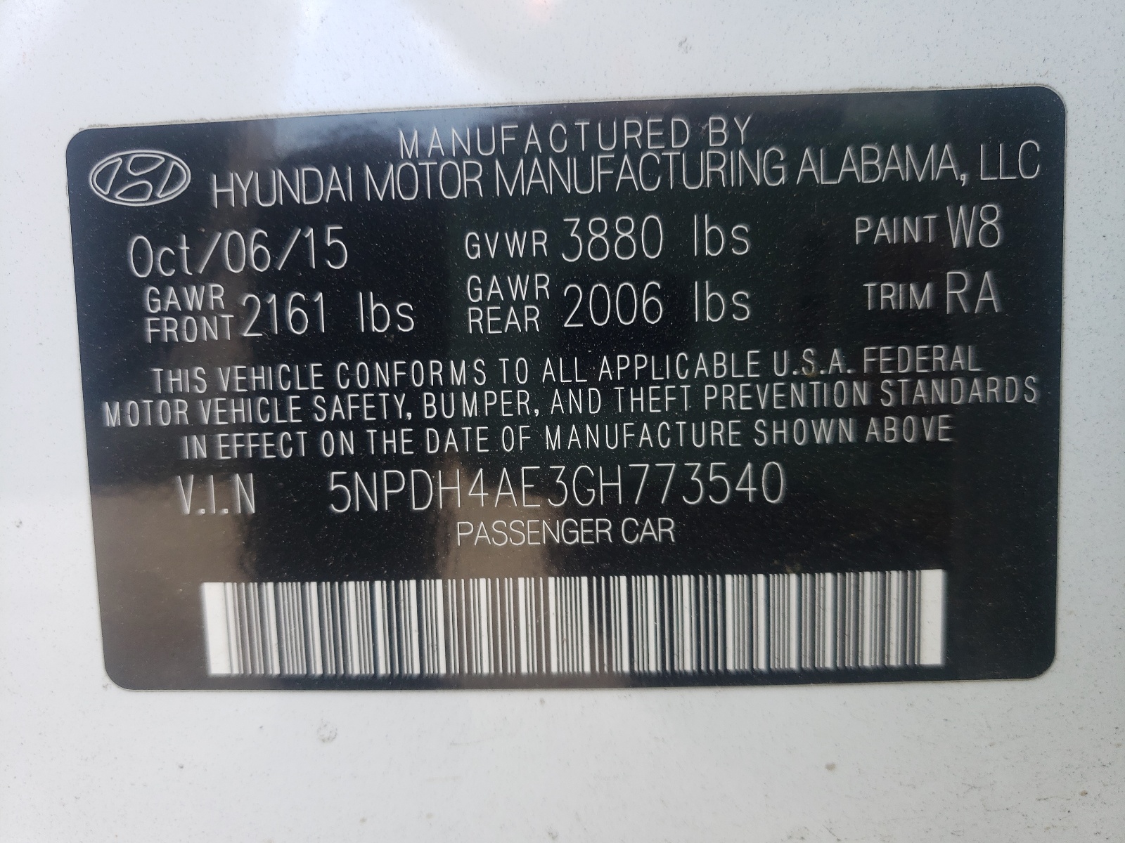 Photo 10 from auction – 2016 HYUNDAI ELANTRA SE with VIN 5NPDH4AE3GH773540
