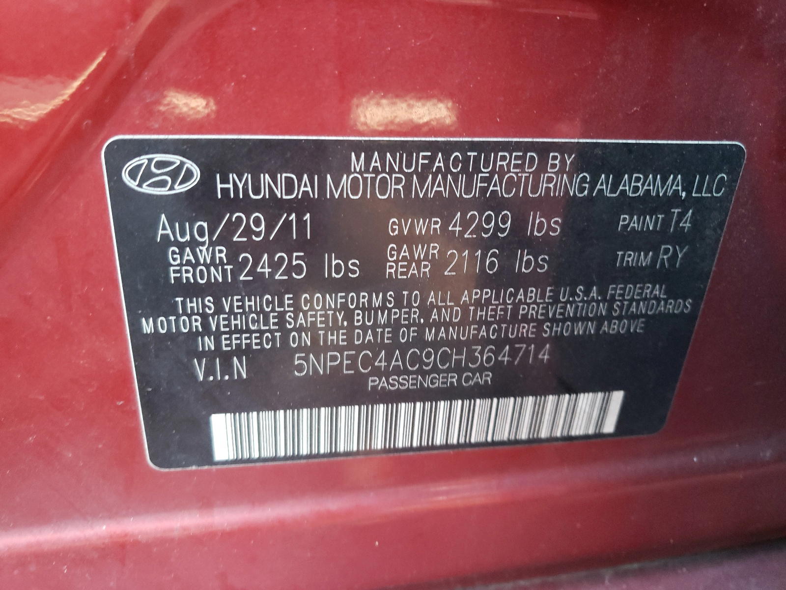 Photo 10 from auction – 2012 HYUNDAI SONATA with VIN 5NPEC4AC9CH364714