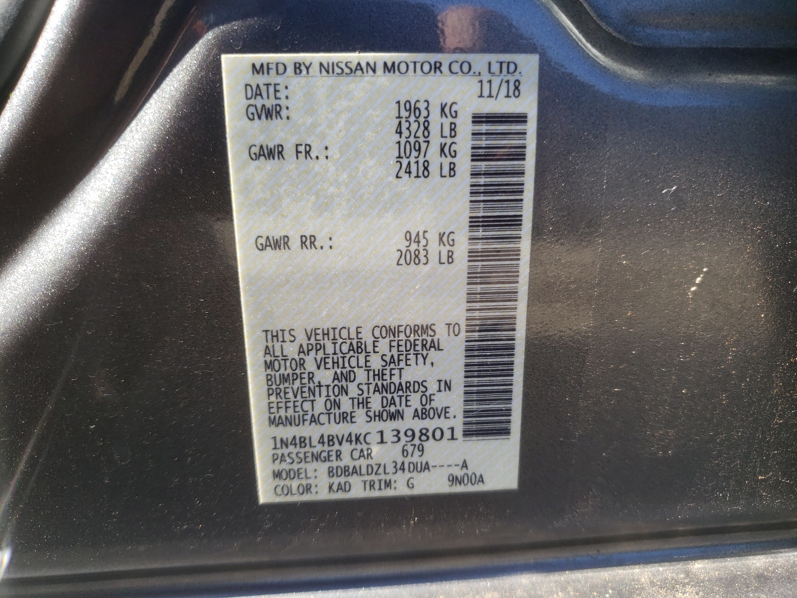 Photo 10 from auction – 2019 NISSAN ALTIMA S with VIN 1N4BL4BV4KC139801