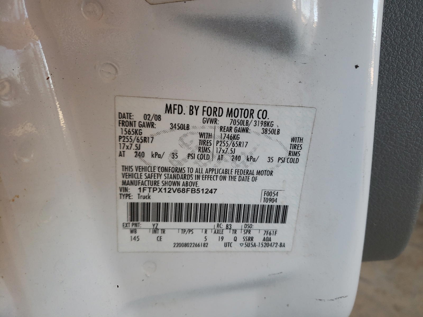 Photo 10 from auction – 2008 FORD F150 with VIN 1FTPX12V68FB51247