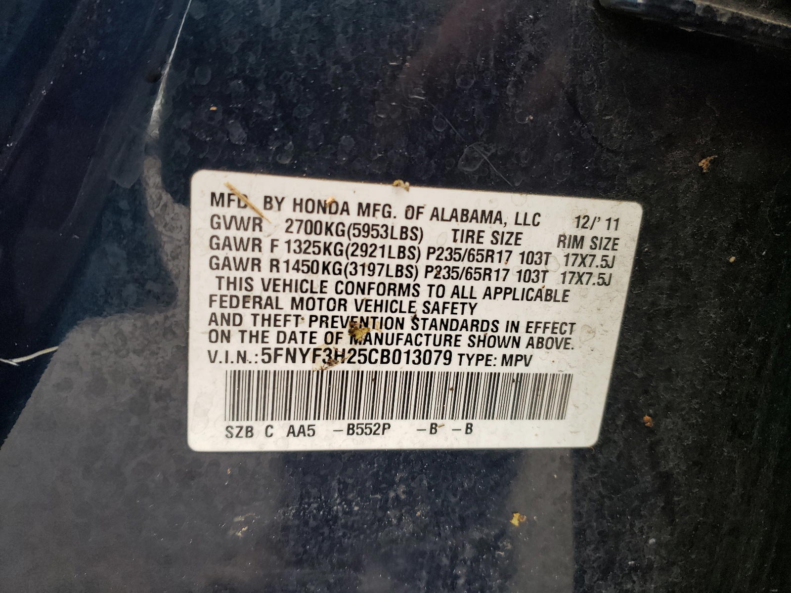 Photo 10 from auction – 2012 HONDA PILOT LX with VIN 5FNYF3H25CB013079