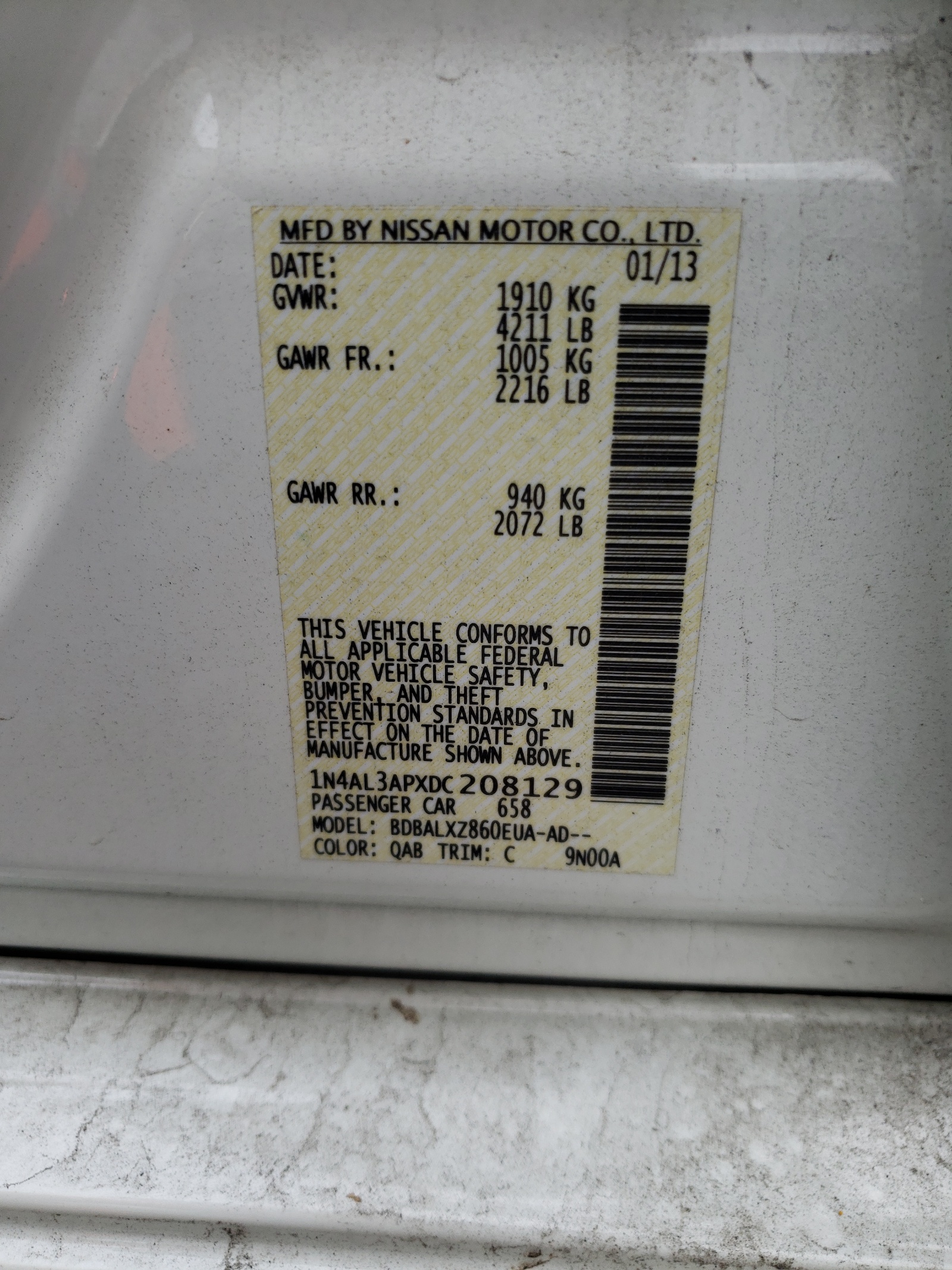 Photo 10 from auction – 2013 NISSAN ALTIMA 2.5 with VIN 1N4AL3APXDC208129