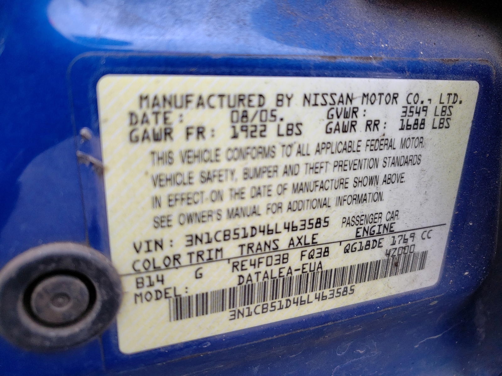 Photo 10 from auction – 2006 NISSAN SENTRA 1.8 with VIN 3N1CB51D46L463585