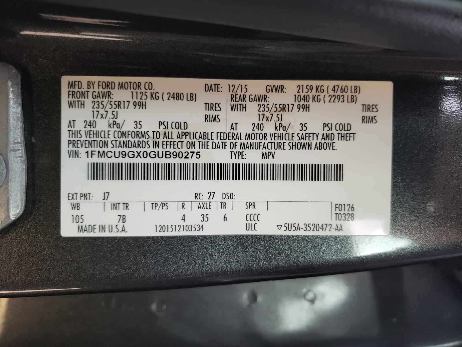Photo 10 from auction – 2016 FORD ESCAPE SE with VIN 1FMCU9GX0GUB90275