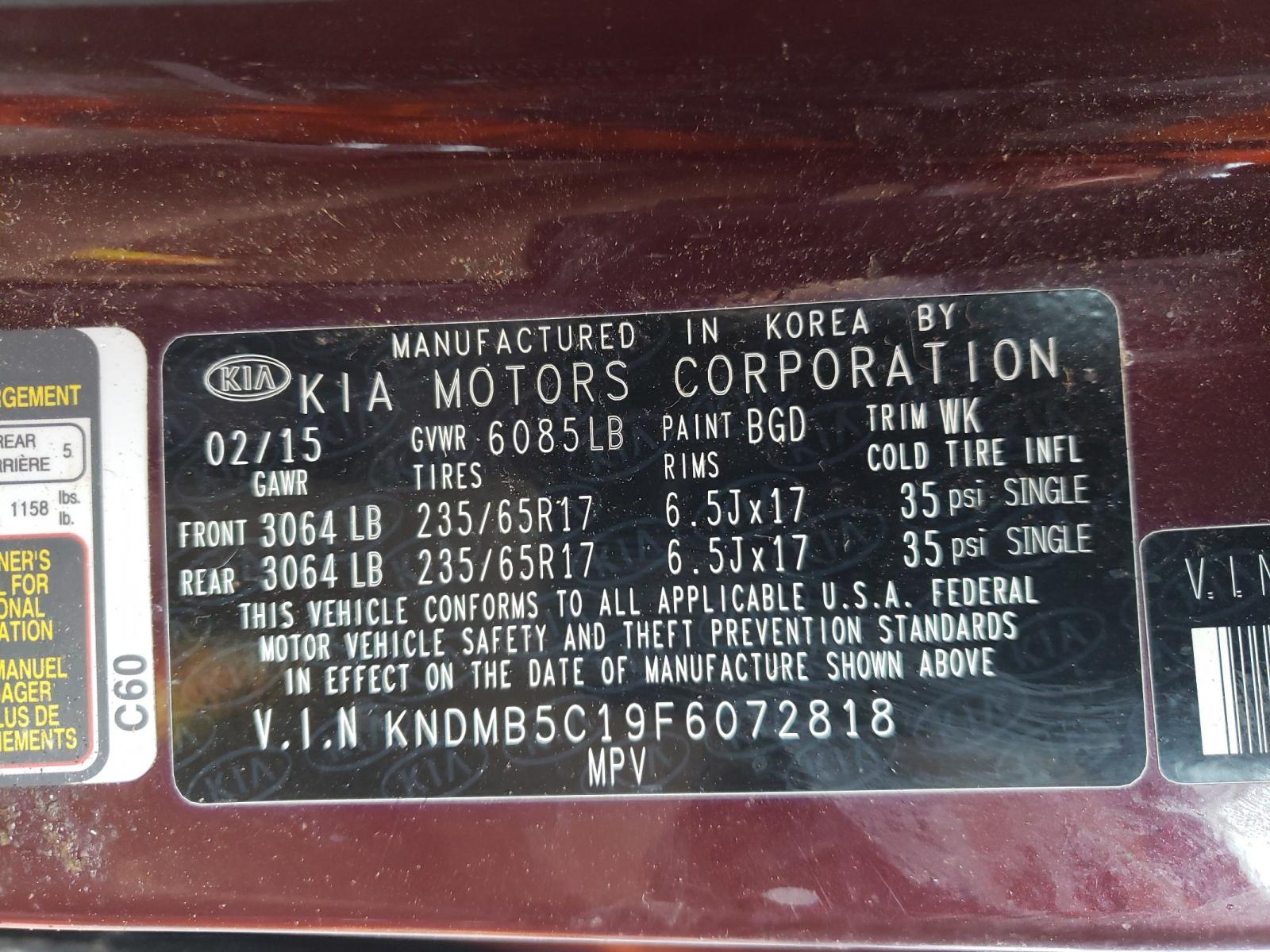 Photo 10 from auction – 2015 KIA SEDONA LX with VIN KNDMB5C19F6072818