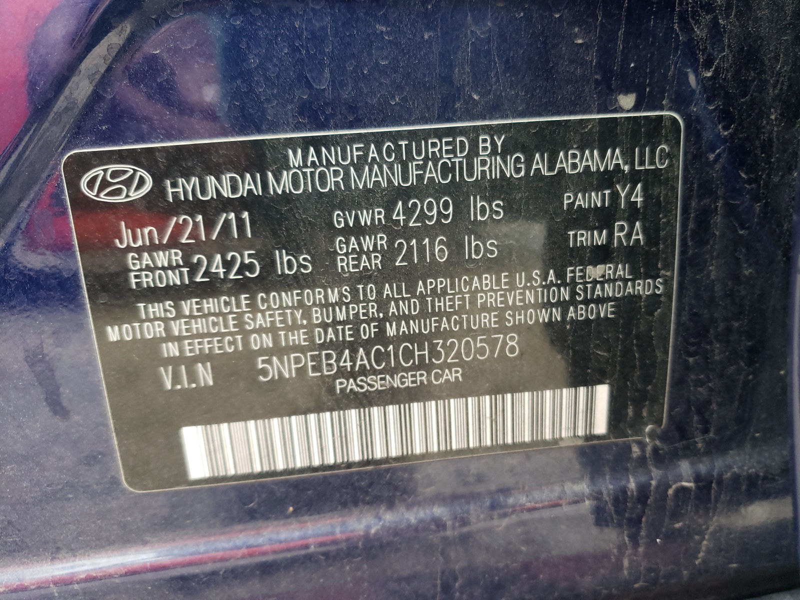Photo 10 from auction – 2012 HYUNDAI SONATA GLS with VIN 5NPEB4AC1CH320578
