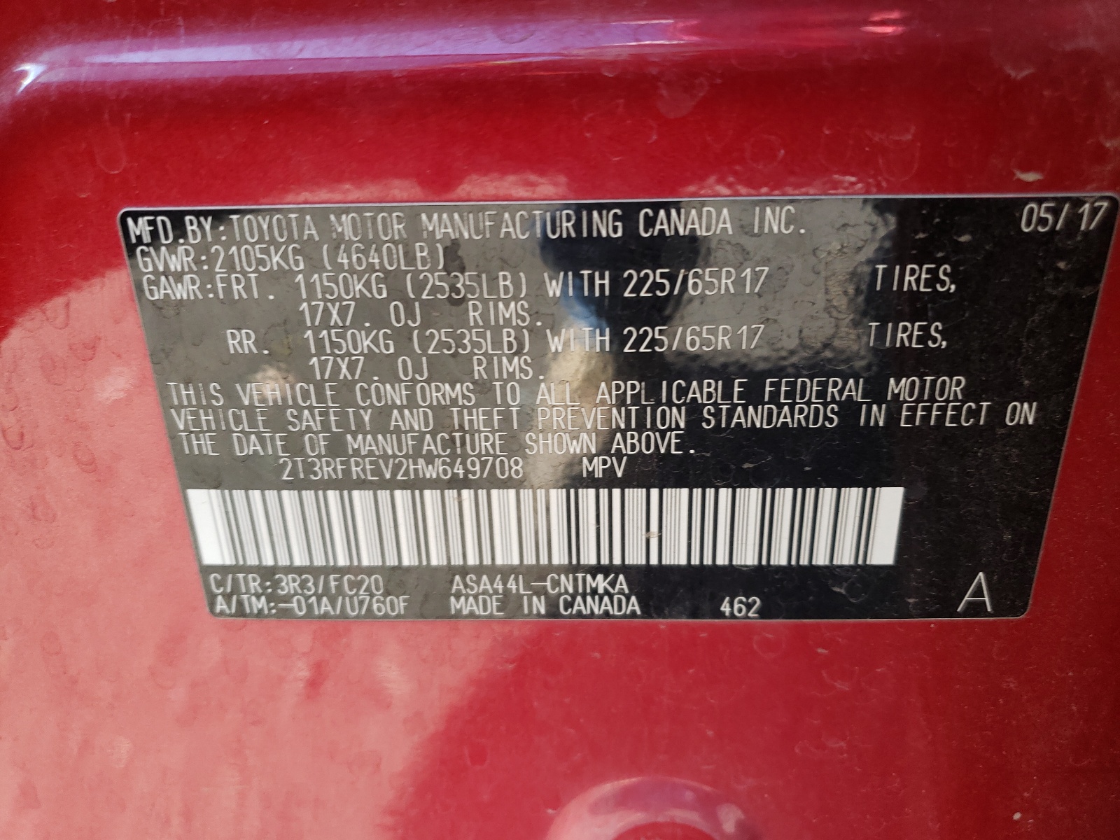 Photo 10 from auction – 2017 TOYOTA RAV4 XLE with VIN 2T3RFREV2HW649708