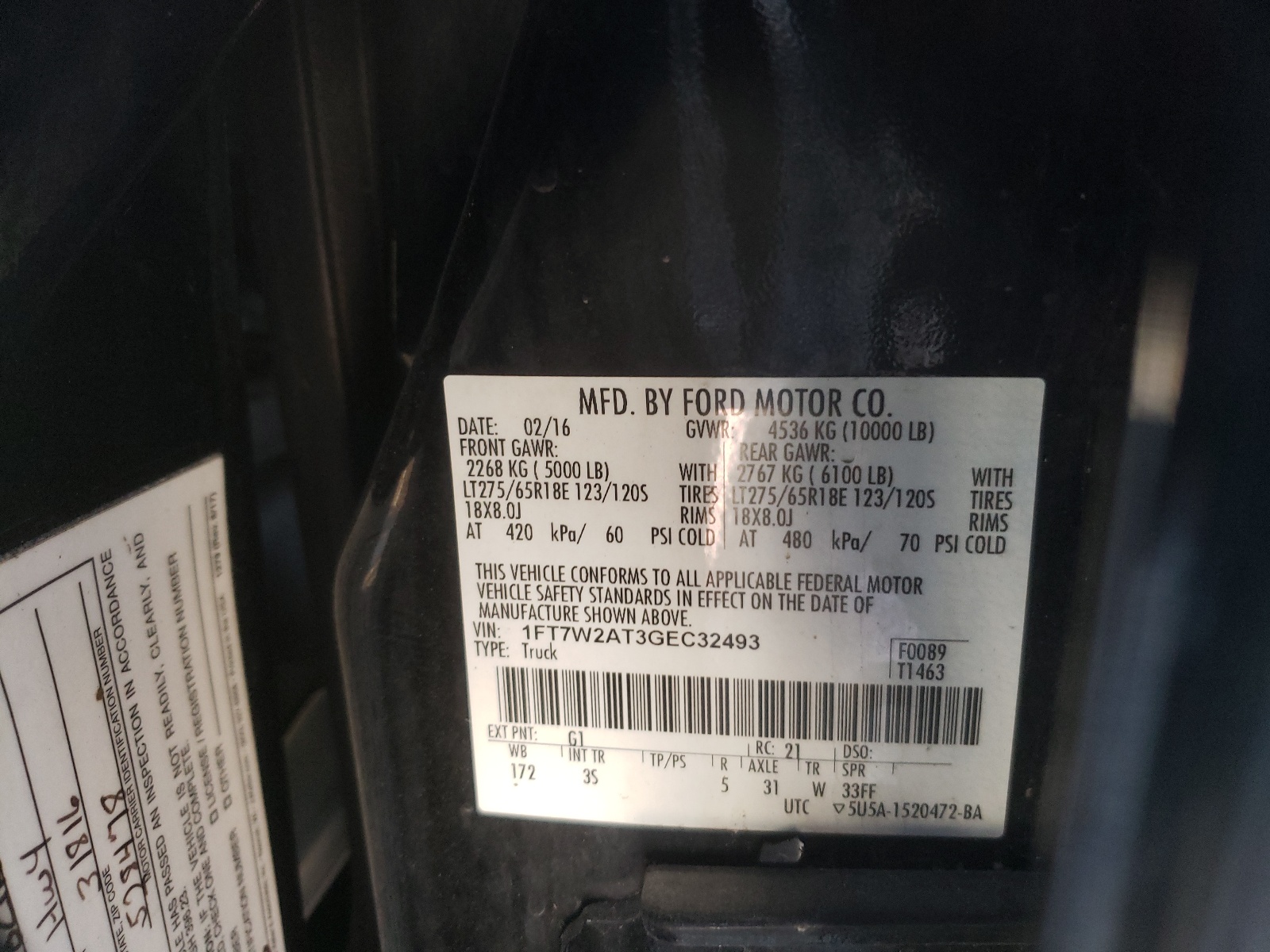 Photo 10 from auction – 2016 FORD F250 SUPER with VIN 1FT7W2AT3GEC32493