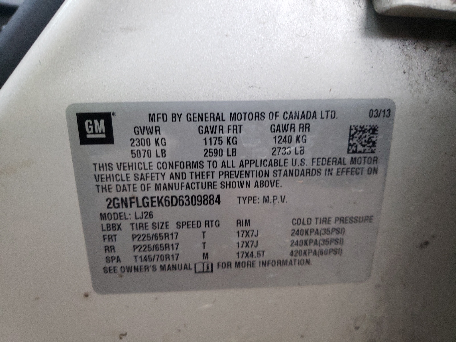 Photo 10 from auction – 2013 CHEVROLET EQUINOX LT with VIN 2GNFLGEK6D6309884