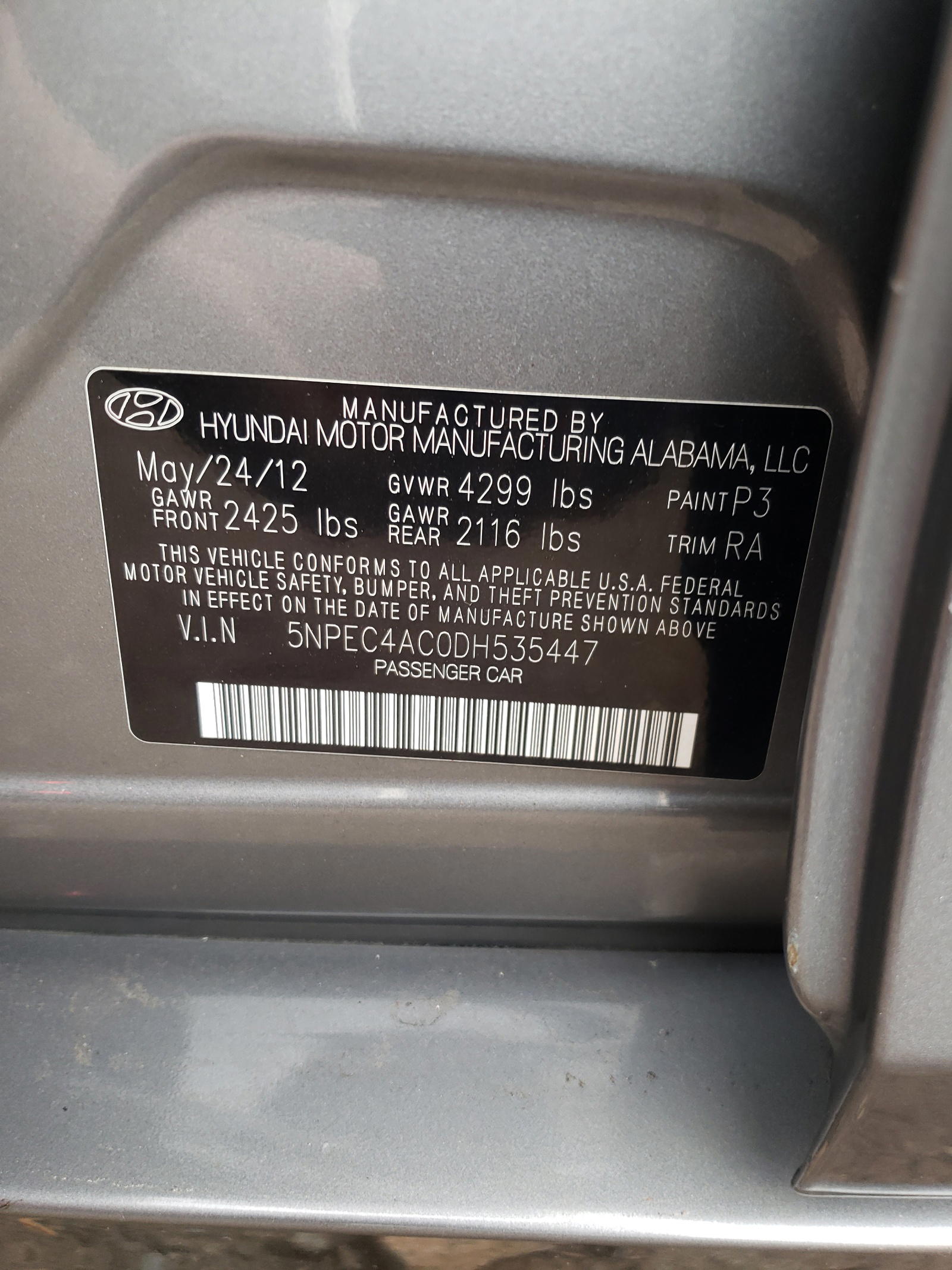 Photo 10 from auction – 2013 HYUNDAI SONATA SE with VIN 5NPEC4AC0DH535447