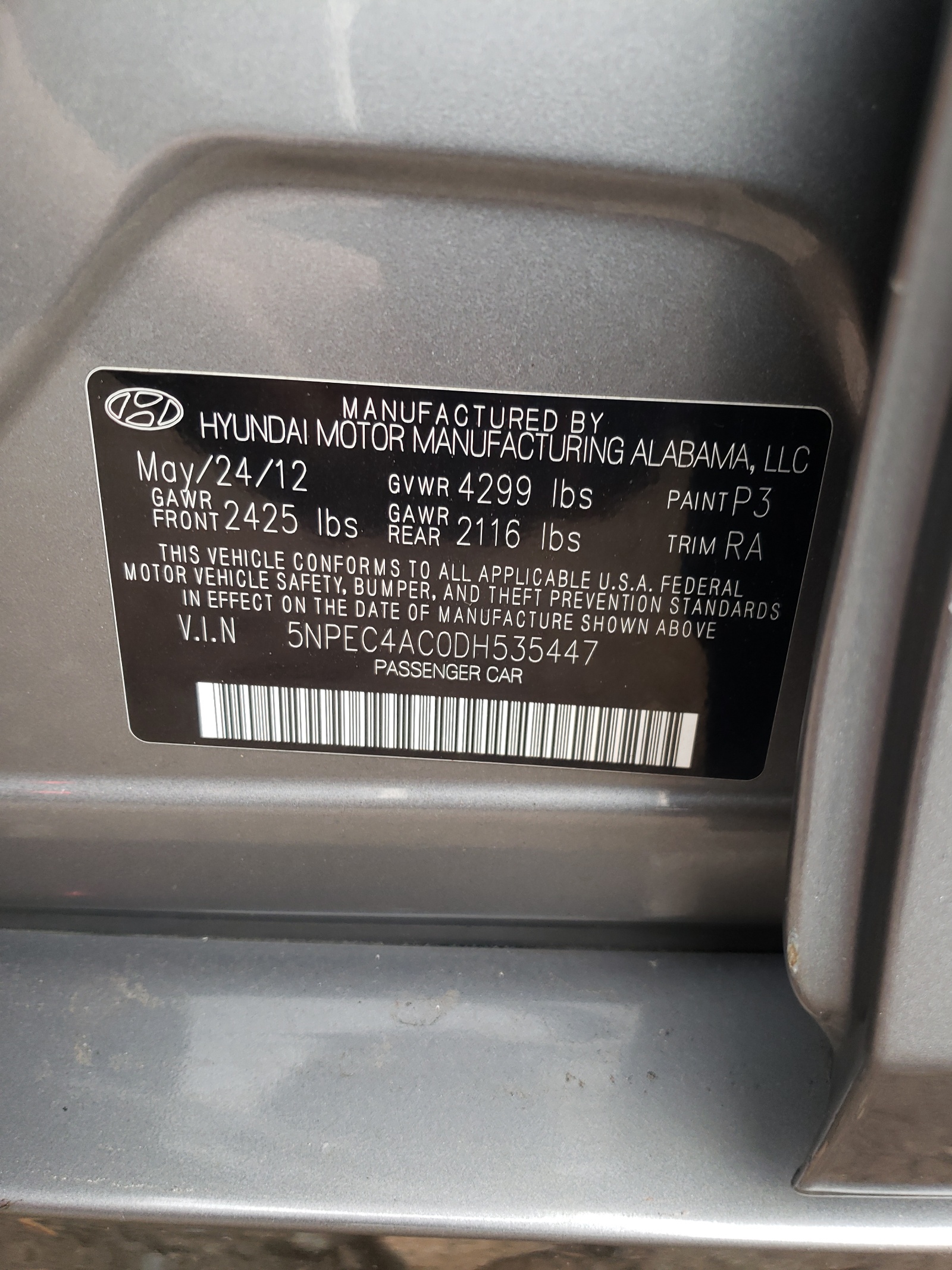 Zdjęcie 10 z aukcji – 2013 HYUNDAI SONATA SE z VIN 5NPEC4AC0DH535447
