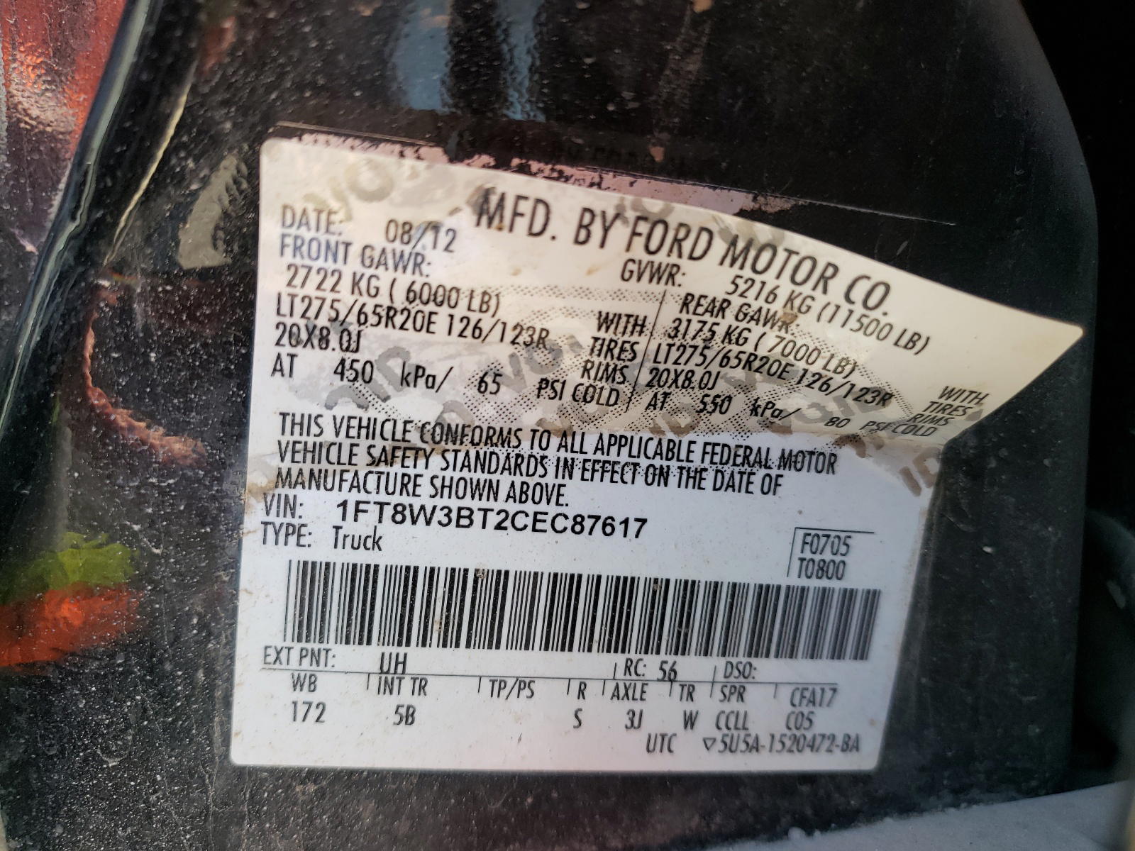 Photo 10 from auction – 2012 FORD F350 SUPER with VIN 1FT8W3BT2CEC87617