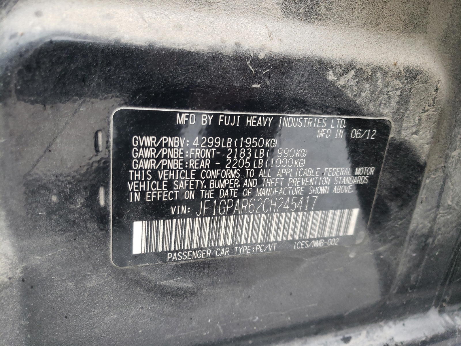 Photo 10 from auction – 2012 SUBARU IMPREZA SP with VIN JF1GPAR62CH245417