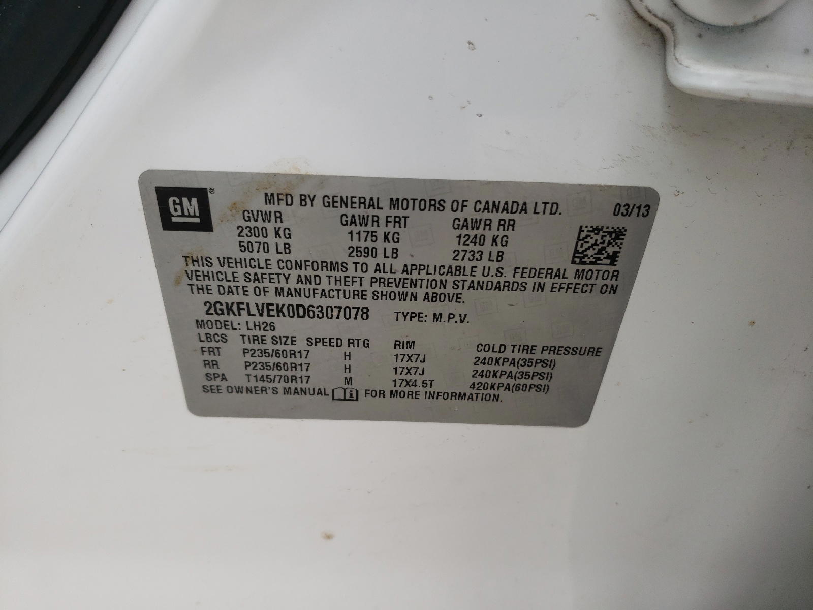 Photo 10 from auction – 2013 GMC TERRAIN SL with VIN 2GKFLVEK0D6307078
