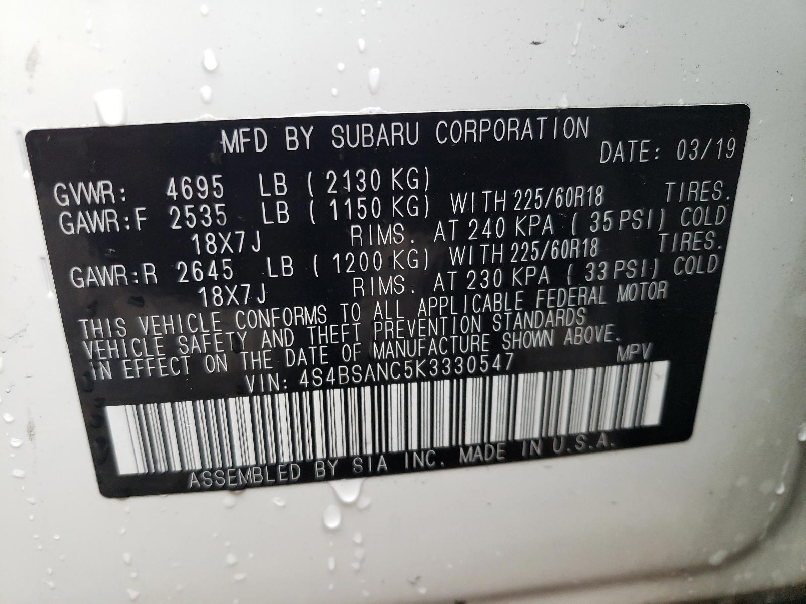 Photo 10 from auction – 2019 SUBARU OUTBACK 2. with VIN 4S4BSANC5K3330547