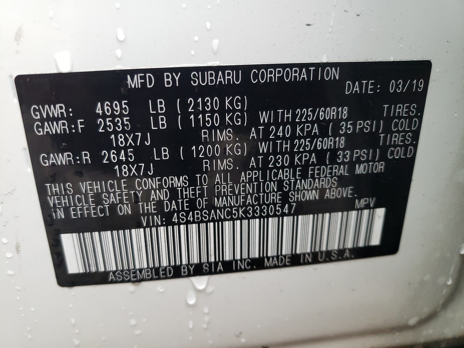Фото 10 с аукциона – 2019 SUBARU OUTBACK 2. с VIN 4S4BSANC5K3330547
