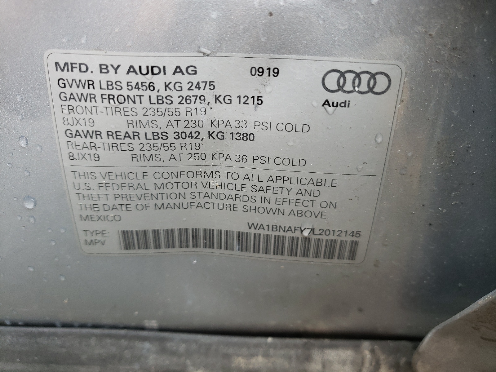 Photo 11 from auction – 2020 AUDI Q5 PREMIUM with VIN WA1BNAFY7L2012145