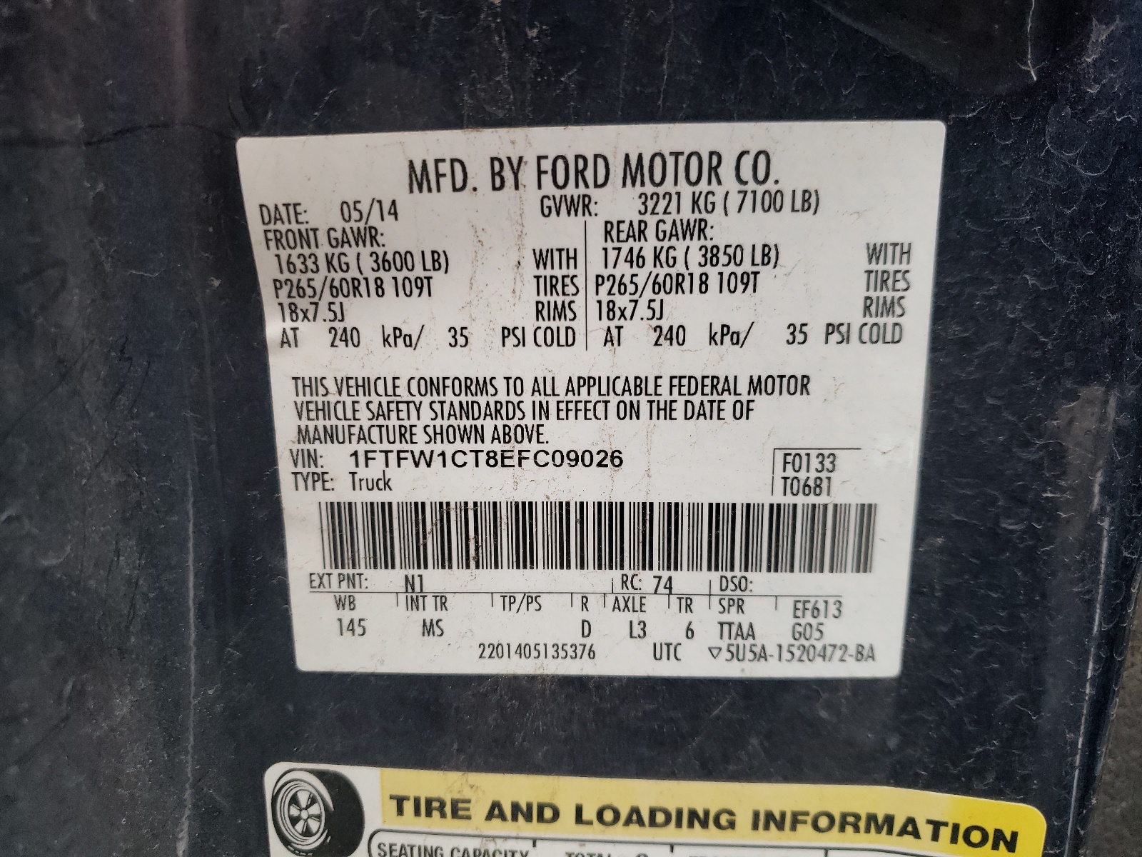 Photo 10 from auction – 2014 FORD F150 SUPER with VIN 1FTFW1CT8EFC09026