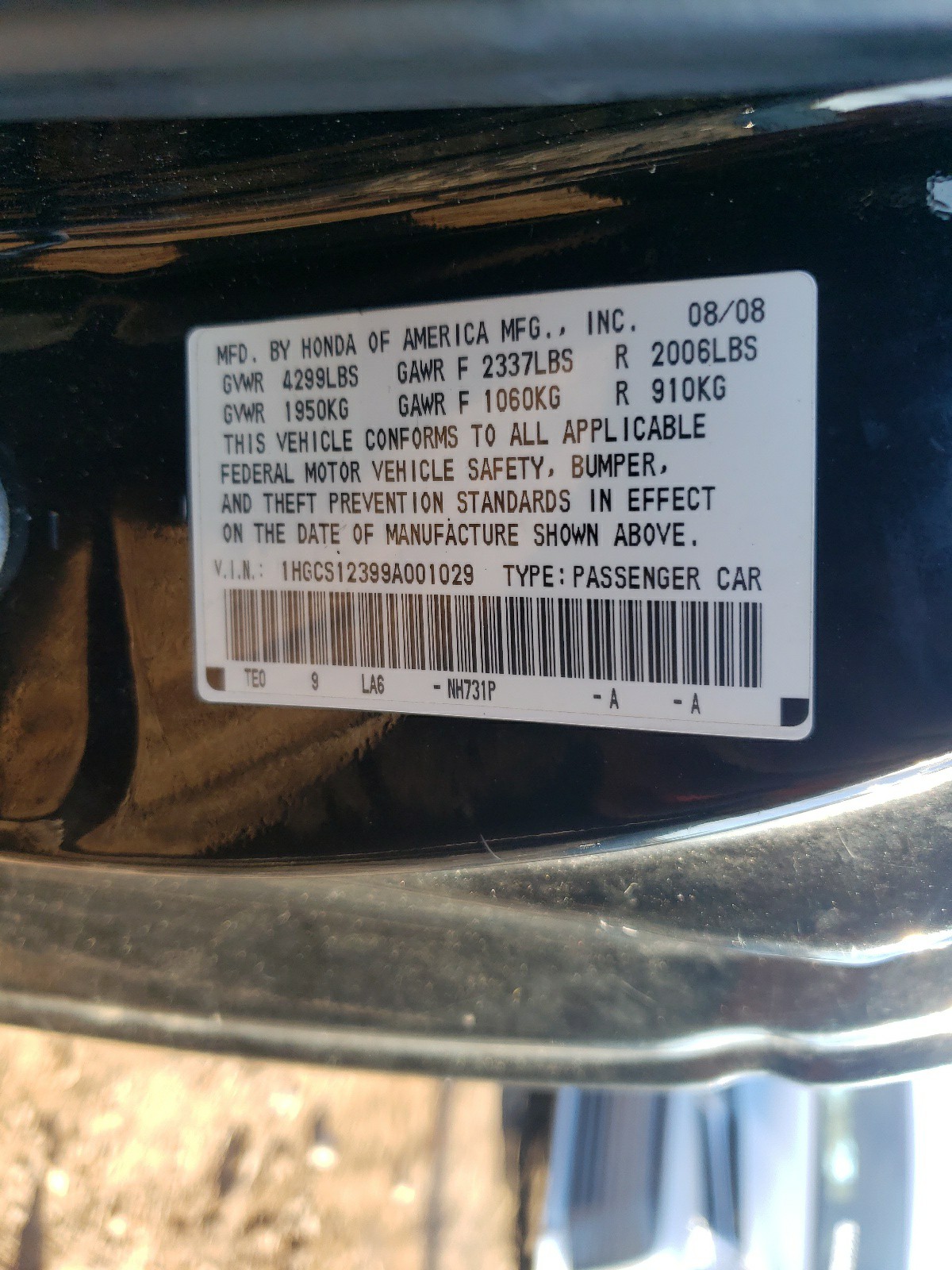 Photo 10 from auction – 2009 HONDA ACCORD LX with VIN 1HGCS12399A001029
