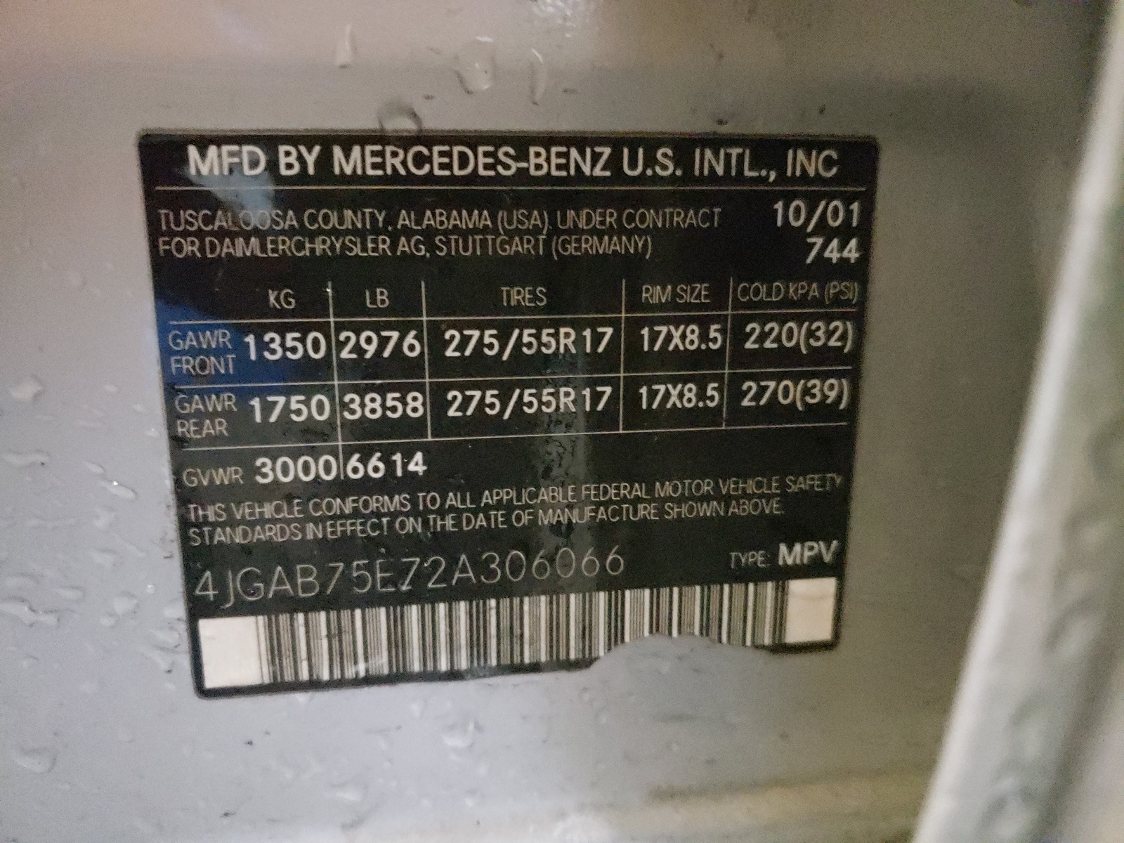 Photo 10 from auction – 2002 MERCEDES-BENZ ML 500 with VIN 4JGAB75E72A306066