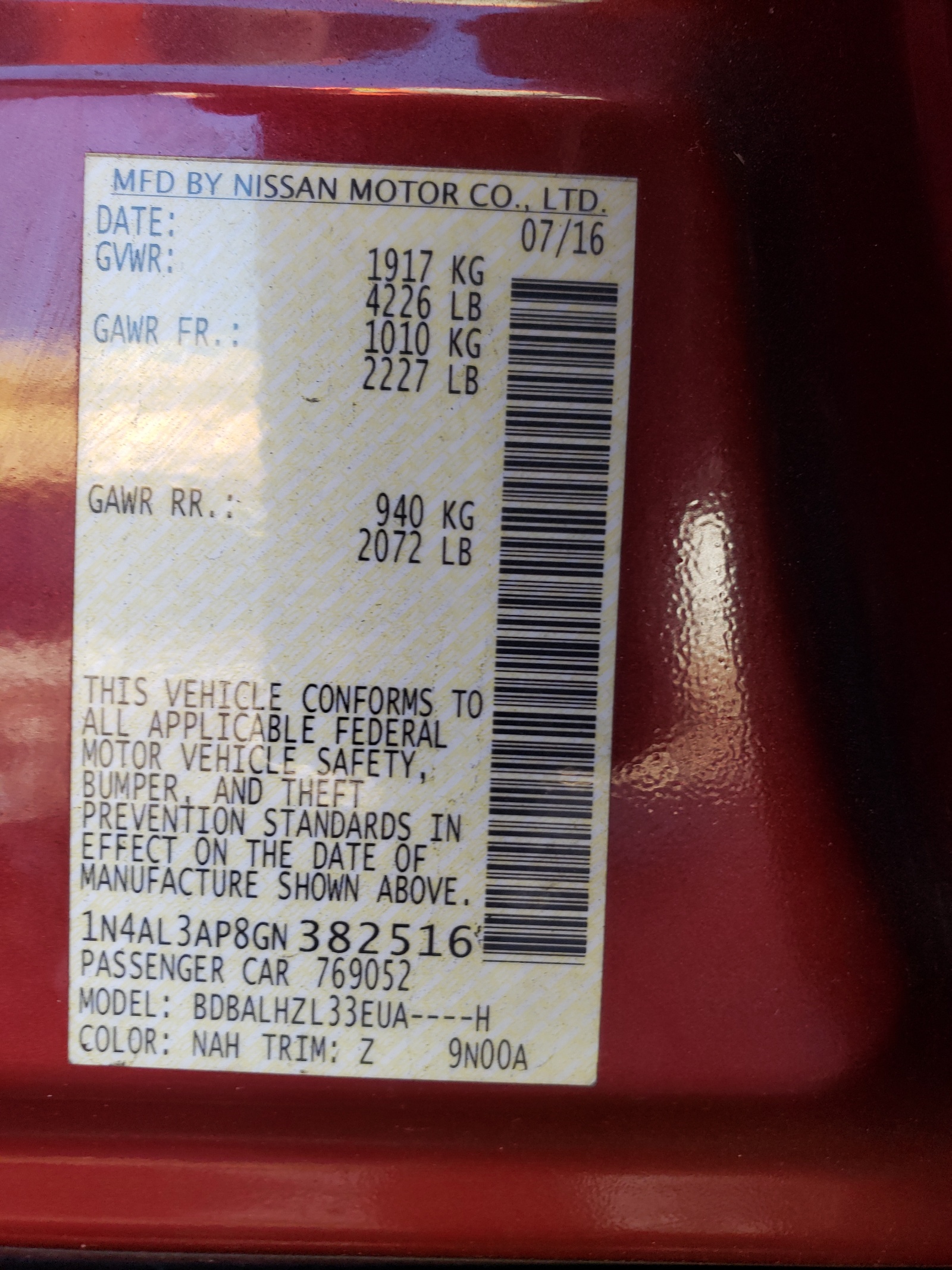 Photo 10 from auction – 2016 NISSAN ALTIMA 2.5 with VIN 1N4AL3AP8GN382516