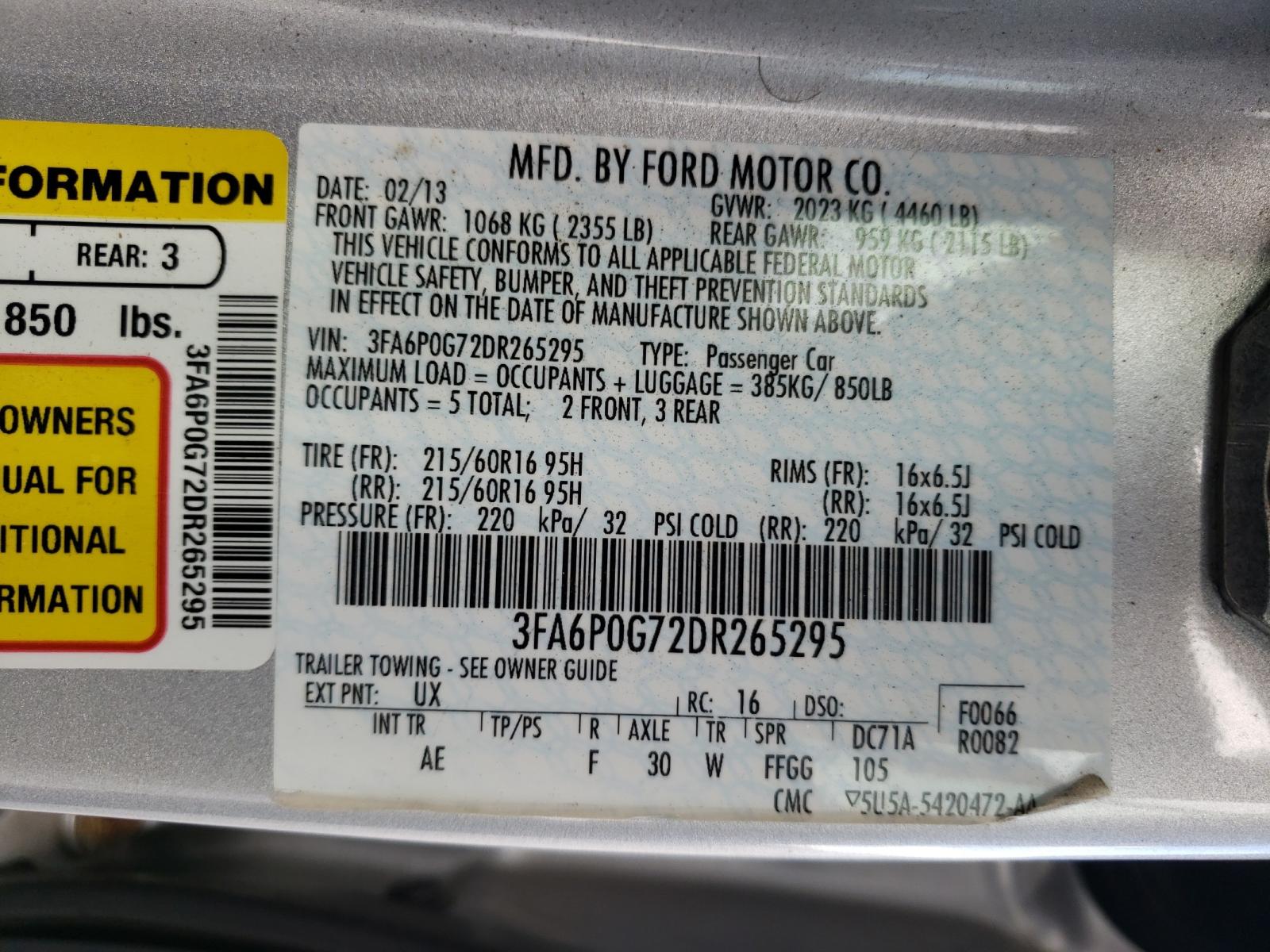 Photo 10 from auction – 2013 FORD FUSION S with VIN 3FA6P0G72DR265295