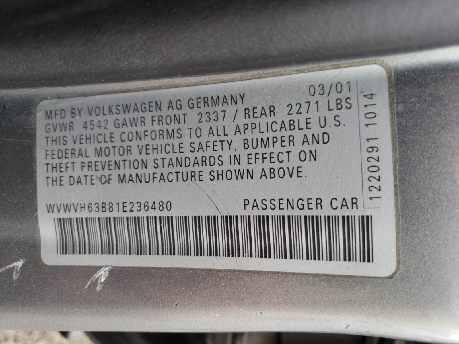 Photo 10 from auction – 2001 VOLKSWAGEN PASSAT GLS with VIN WVWVH63B81E236480
